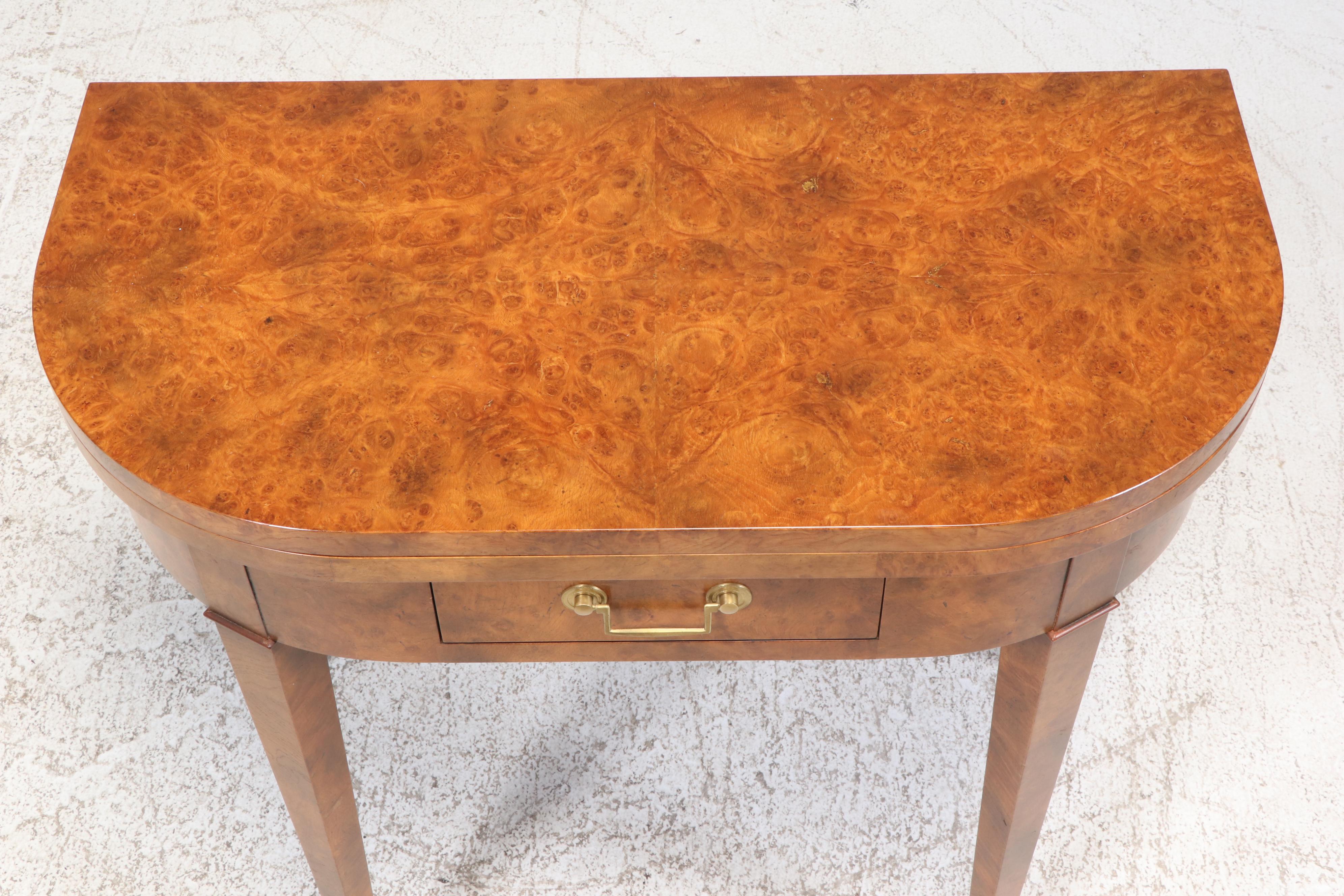 Baker Furniture Directoire Style Birdseye Maple Demilune Flip Top Games Table