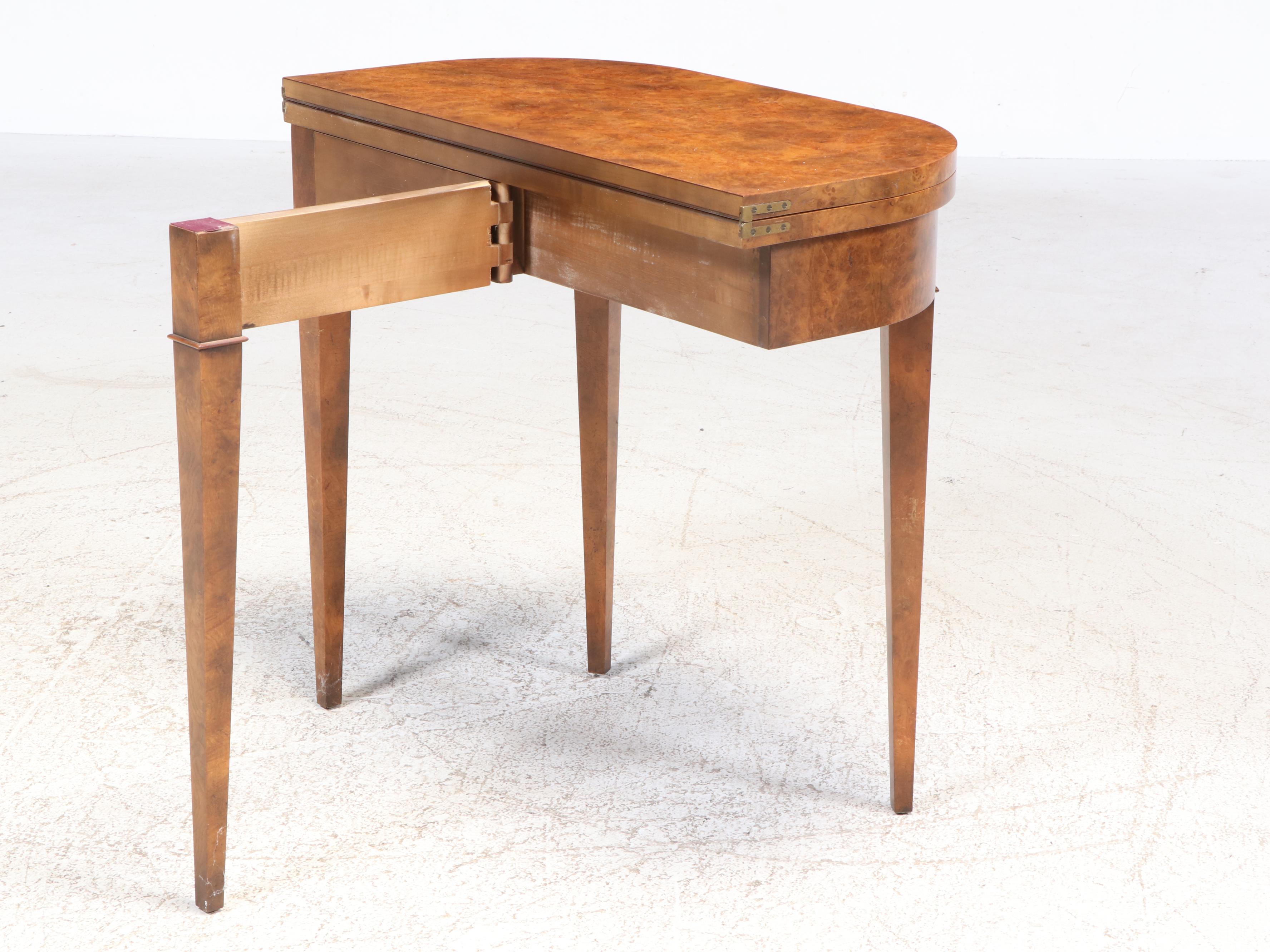 Baker Furniture Directoire Style Birdseye Maple Demilune Flip Top Games Table