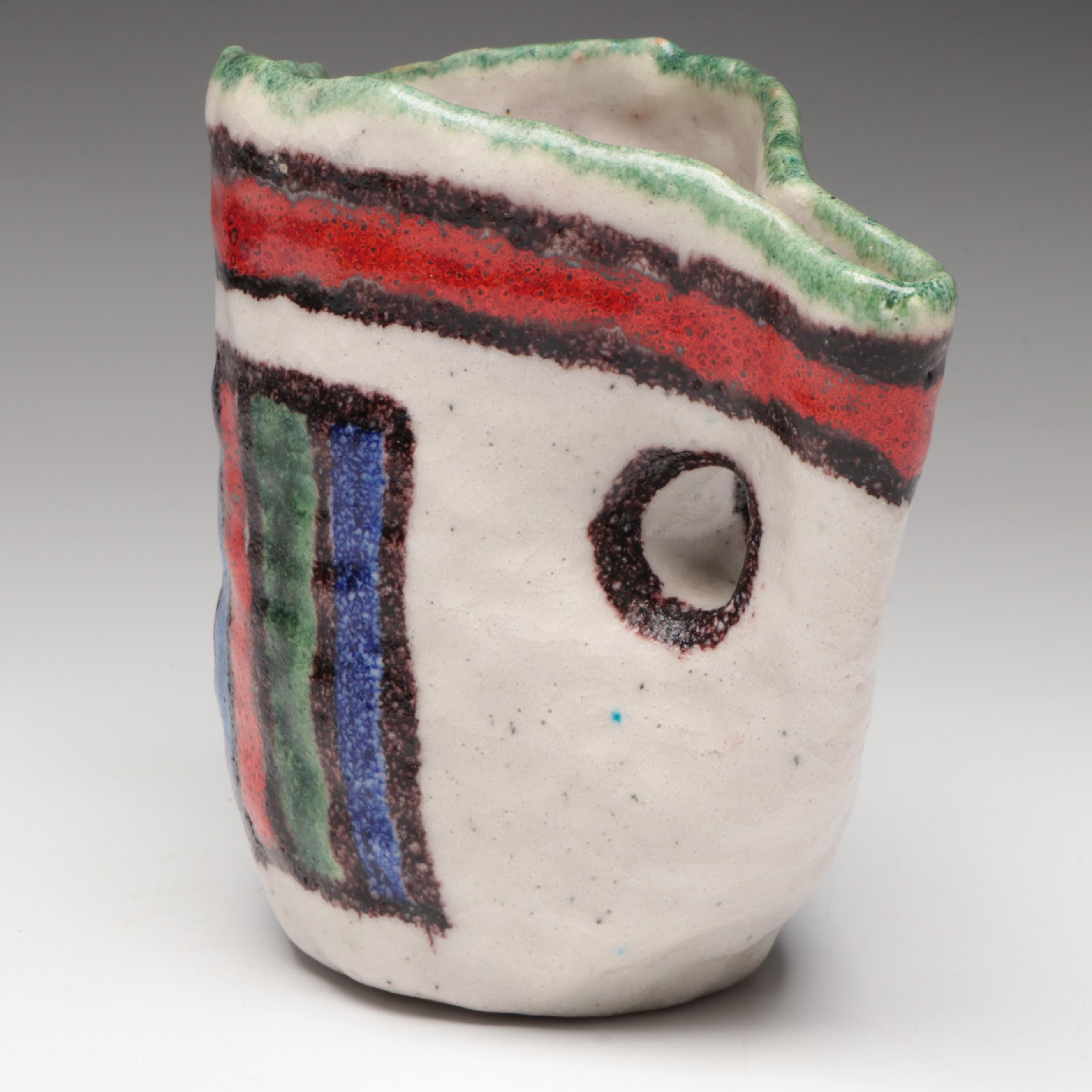 Italian Guido Gambone Art Pottery Ceramic Handled Vase, Mid-20th C.