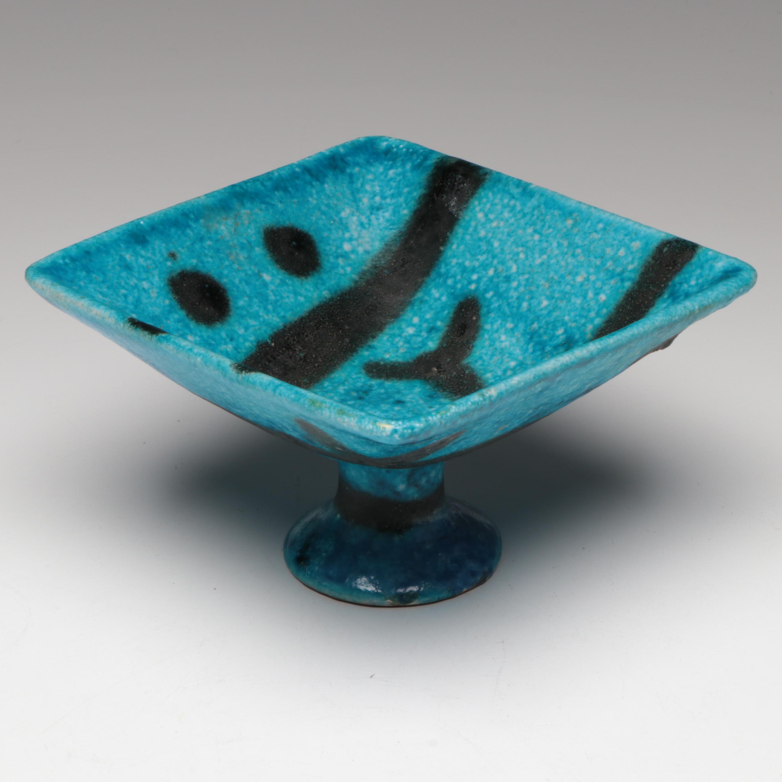 Italian Guido Gambone Art Pottery Ceramic Square Compote, Mid-20th C.