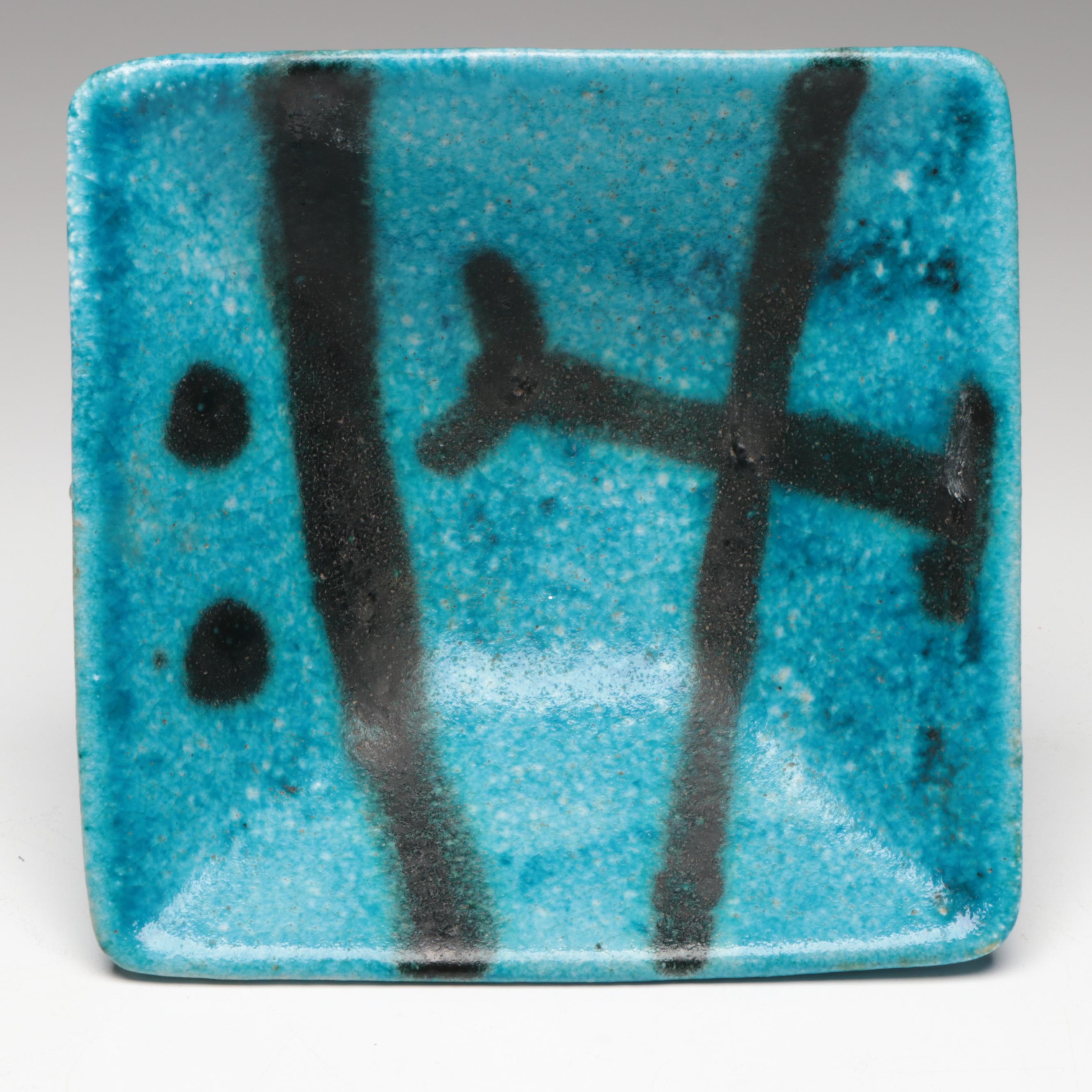 Italian Guido Gambone Art Pottery Ceramic Square Compote, Mid-20th C.