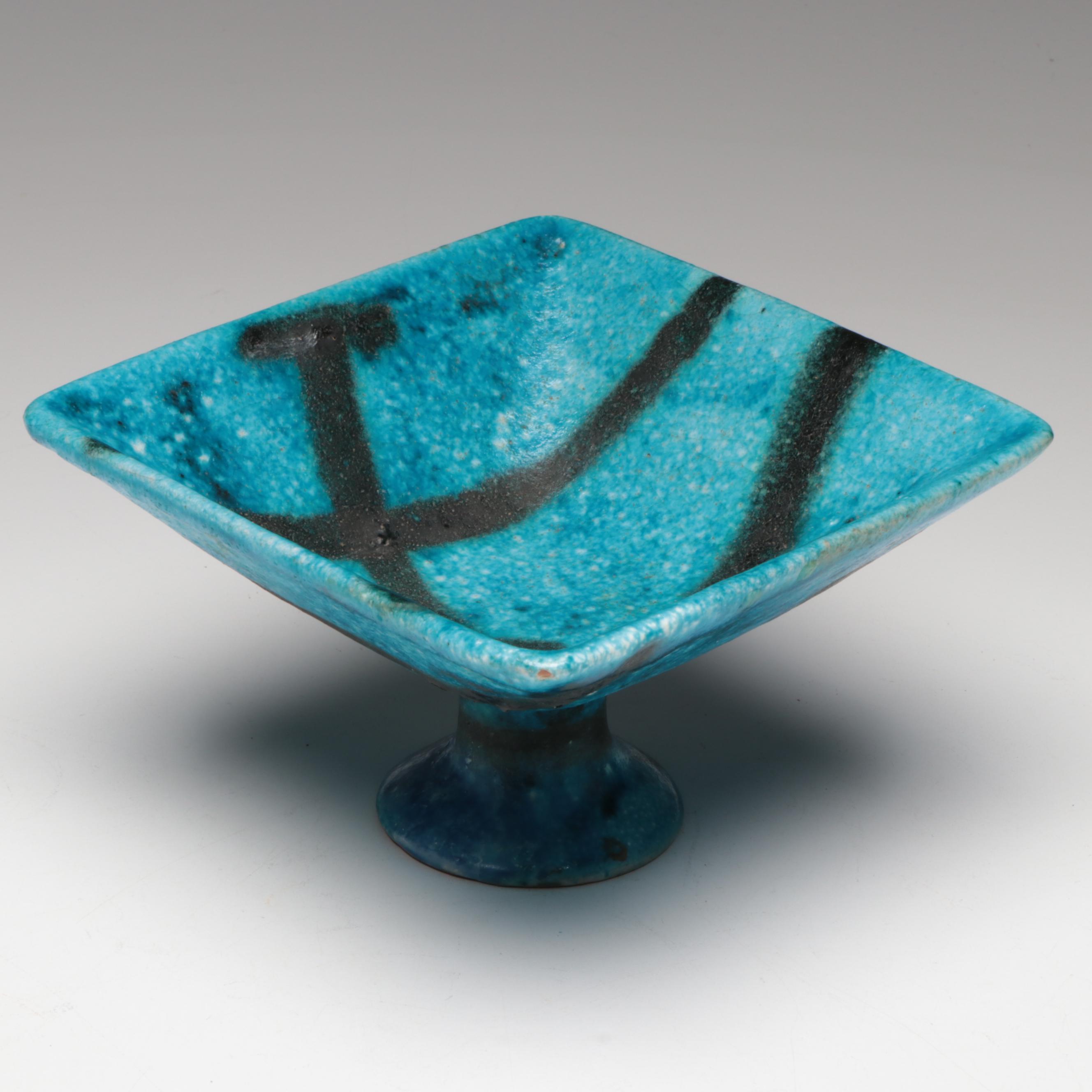 Italian Guido Gambone Art Pottery Ceramic Square Compote, Mid-20th C.
