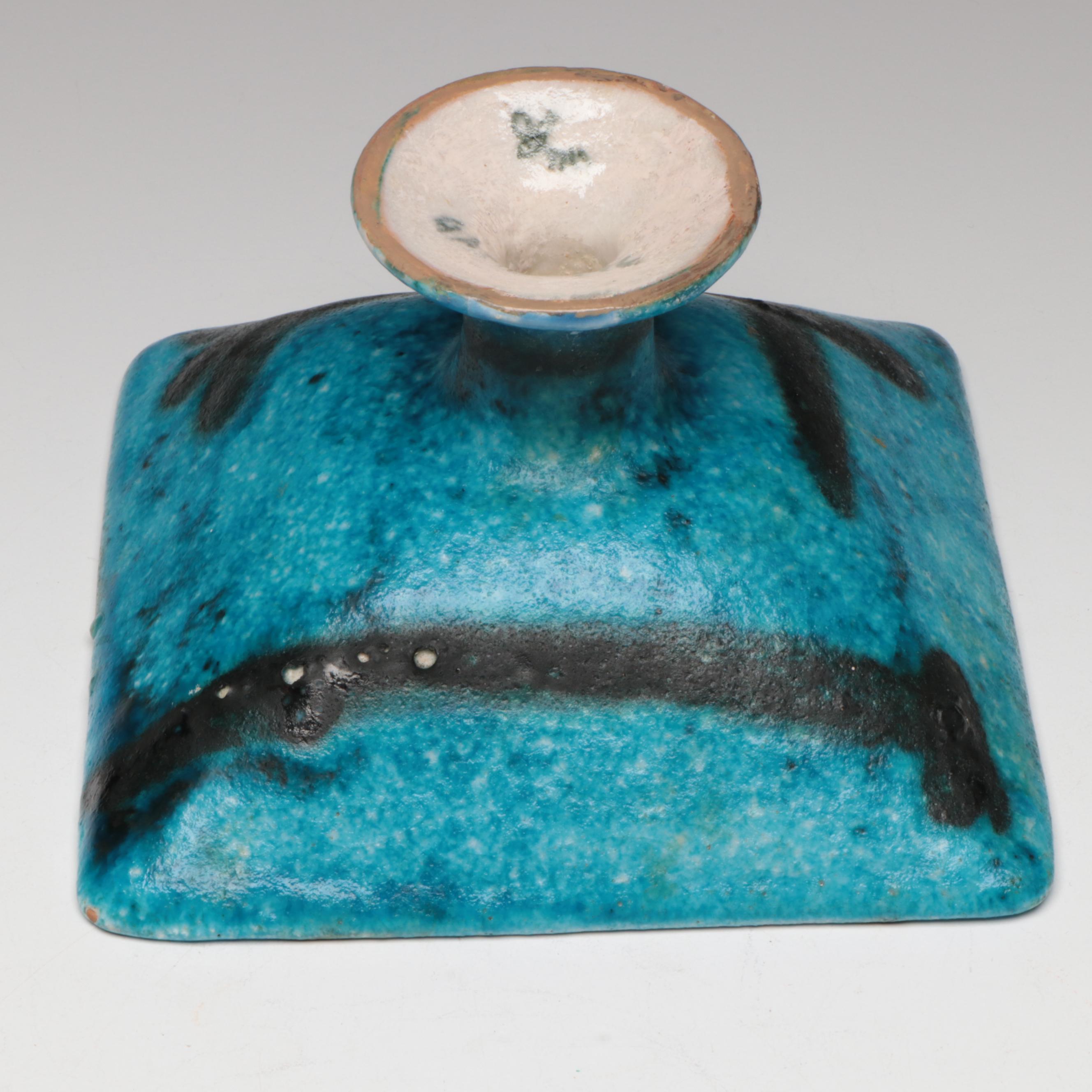 Italian Guido Gambone Art Pottery Ceramic Square Compote, Mid-20th C.
