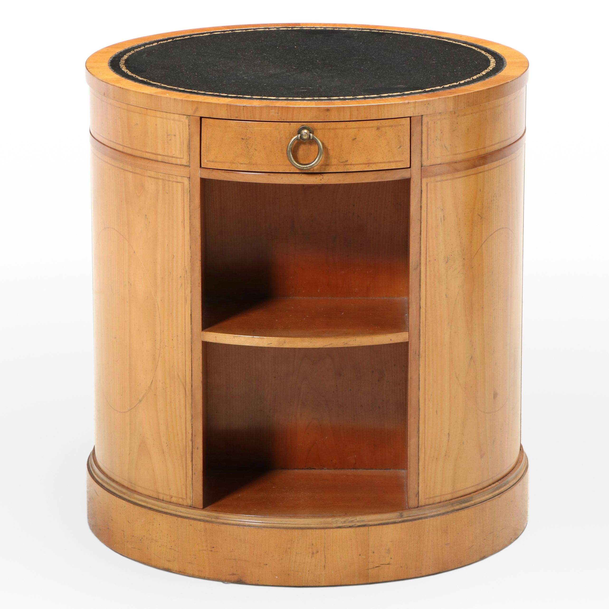 Baker Furniture Leather Top Drum Side Table, Late 20th Century
