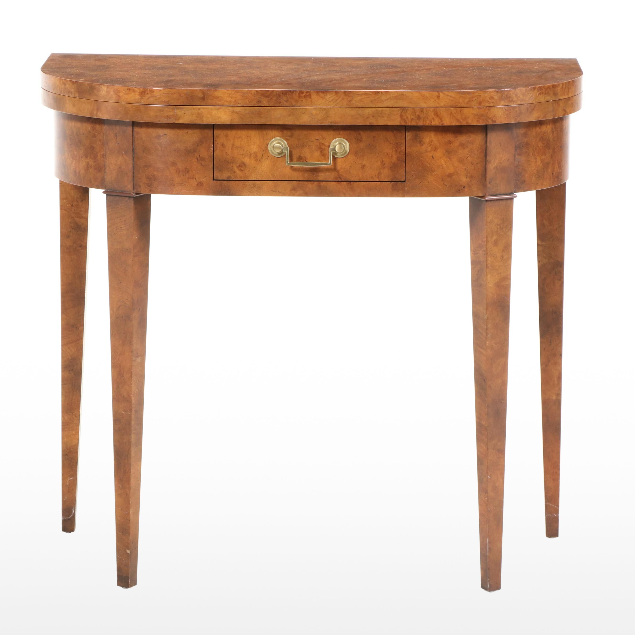 Baker Furniture Directoire Style Birdseye Maple Demilune Flip Top Games Table