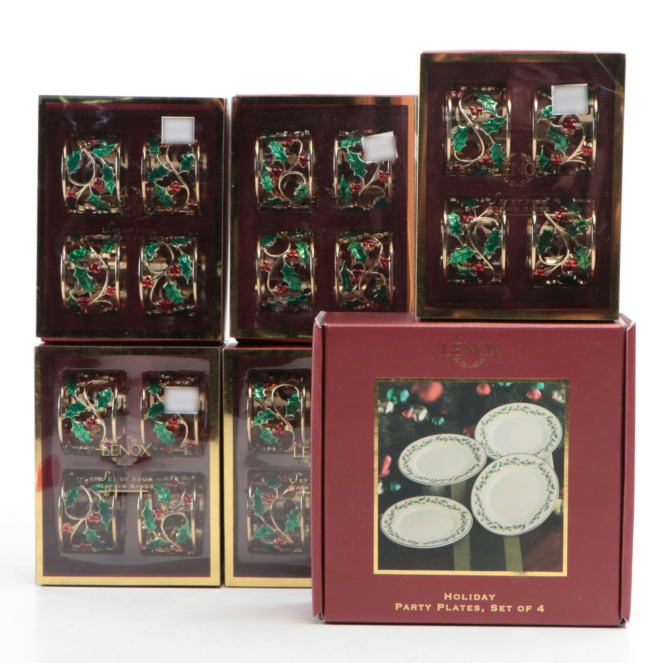 Lenox Enameled Holly Leaf Christmas Napkin Rings and Party Plates