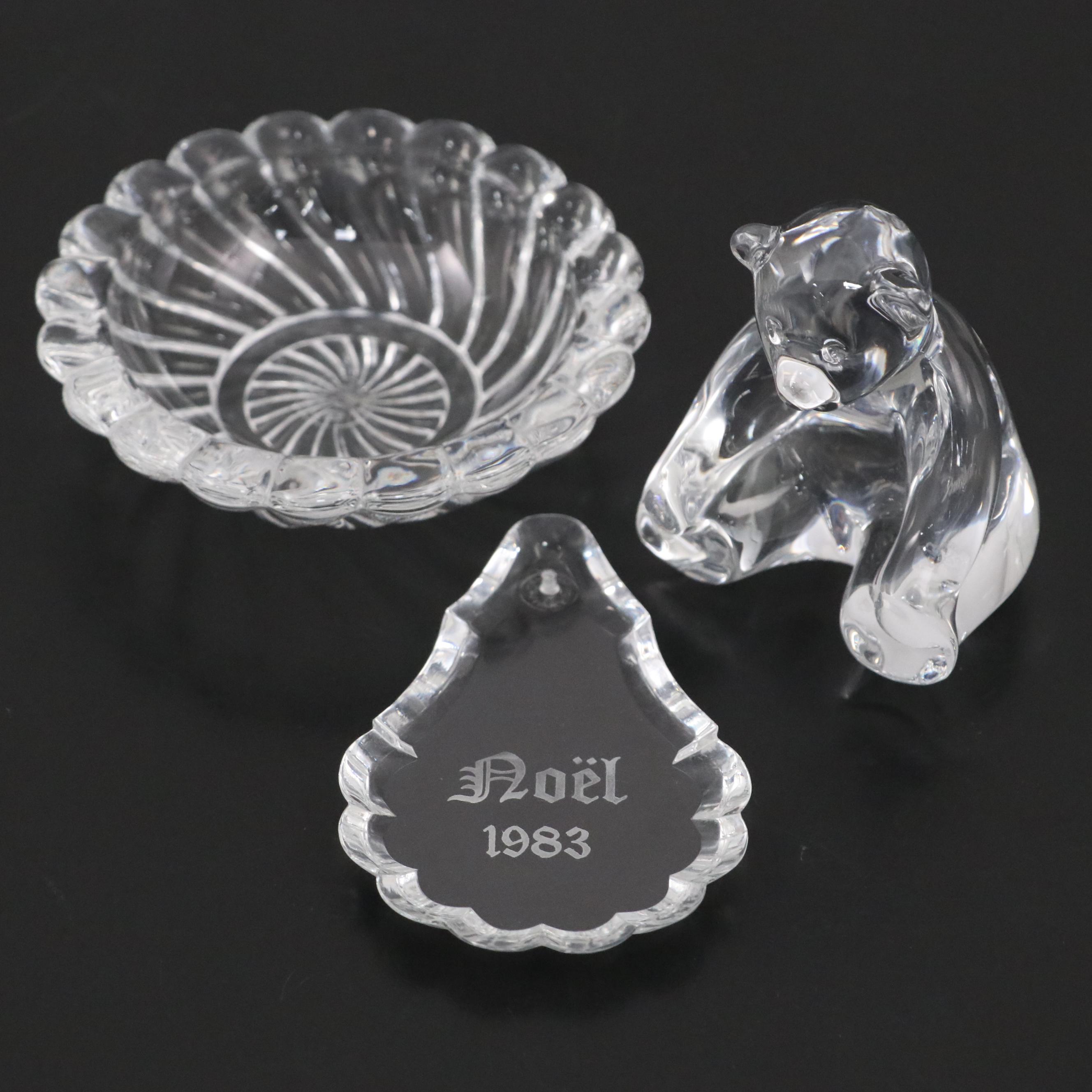 Baccarat Crystal Bear Figurine with 1983 Noël Dish and Ashtray