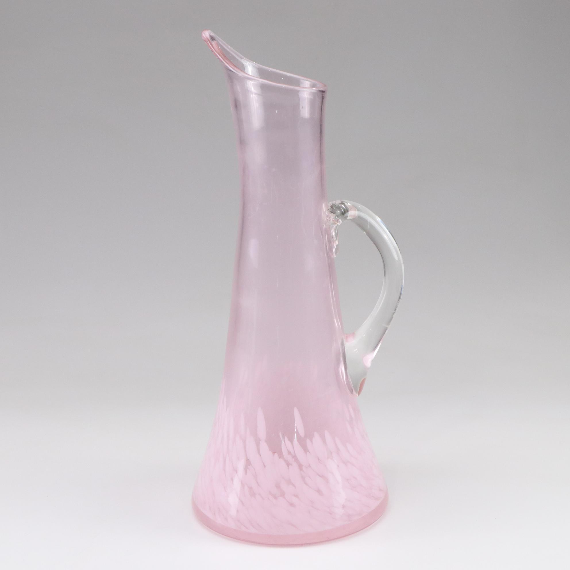 Margies Garden Hand Blown Pink Glass Splatterware Bottom Pitcher