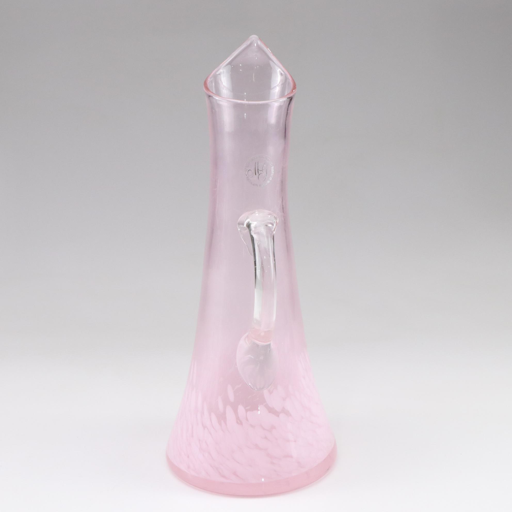 Margies Garden Hand Blown Pink Glass Splatterware Bottom Pitcher