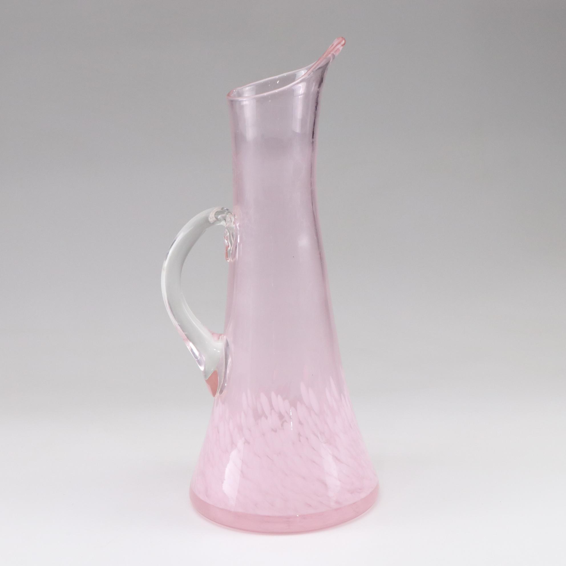 Margies Garden Hand Blown Pink Glass Splatterware Bottom Pitcher