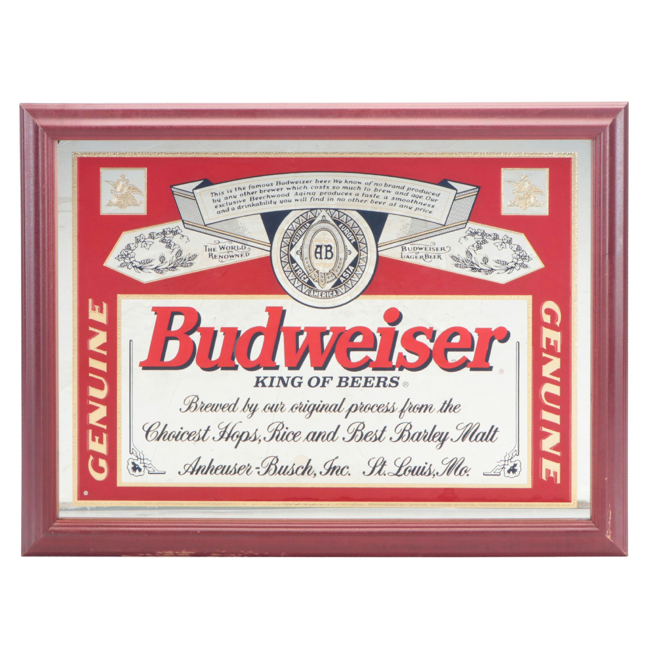 Budweiser Beer Bottle Label Advertising Bar Mirror, 1990s