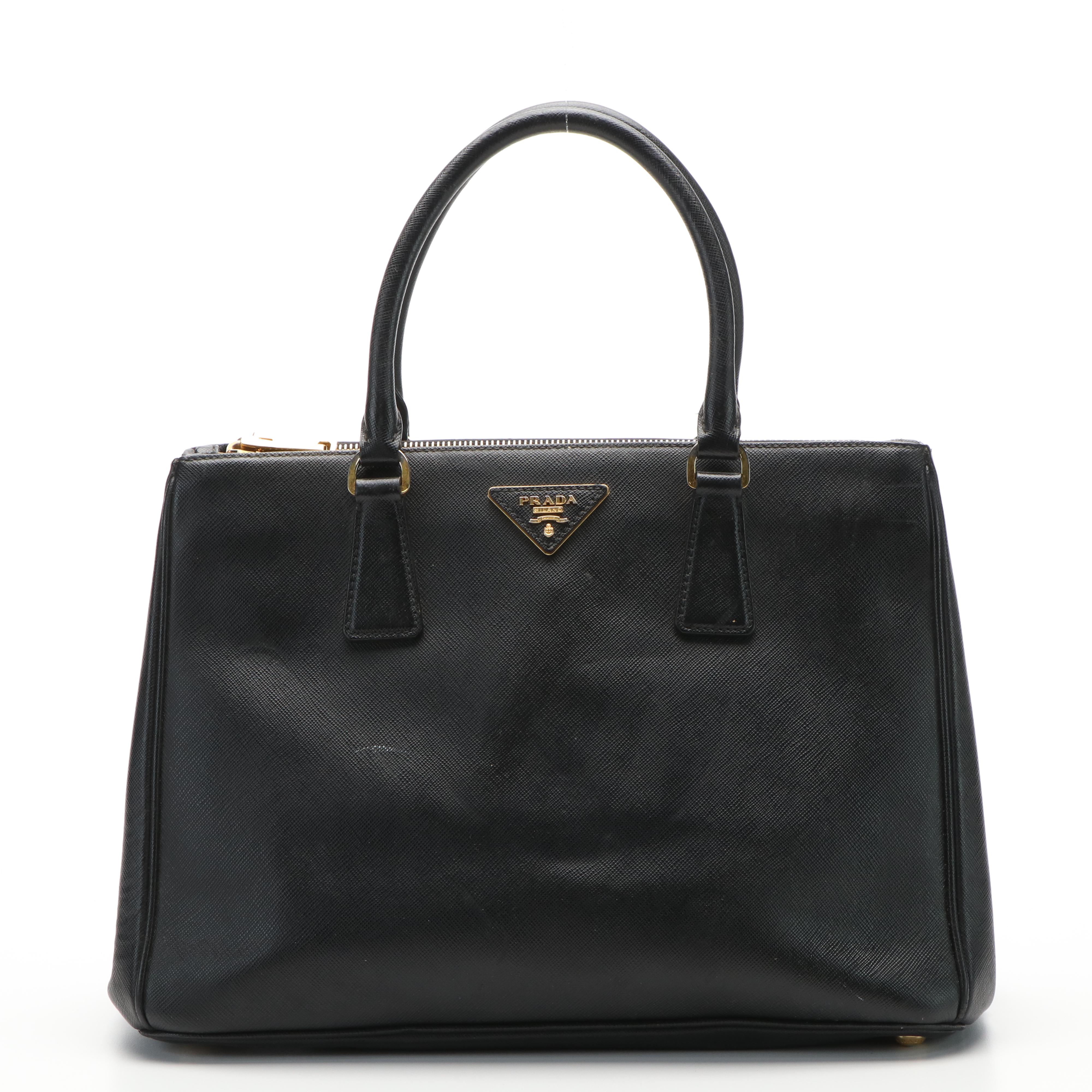 Prada Medium Galleria Double Zip Tote in Black Saffiano Lux Leather