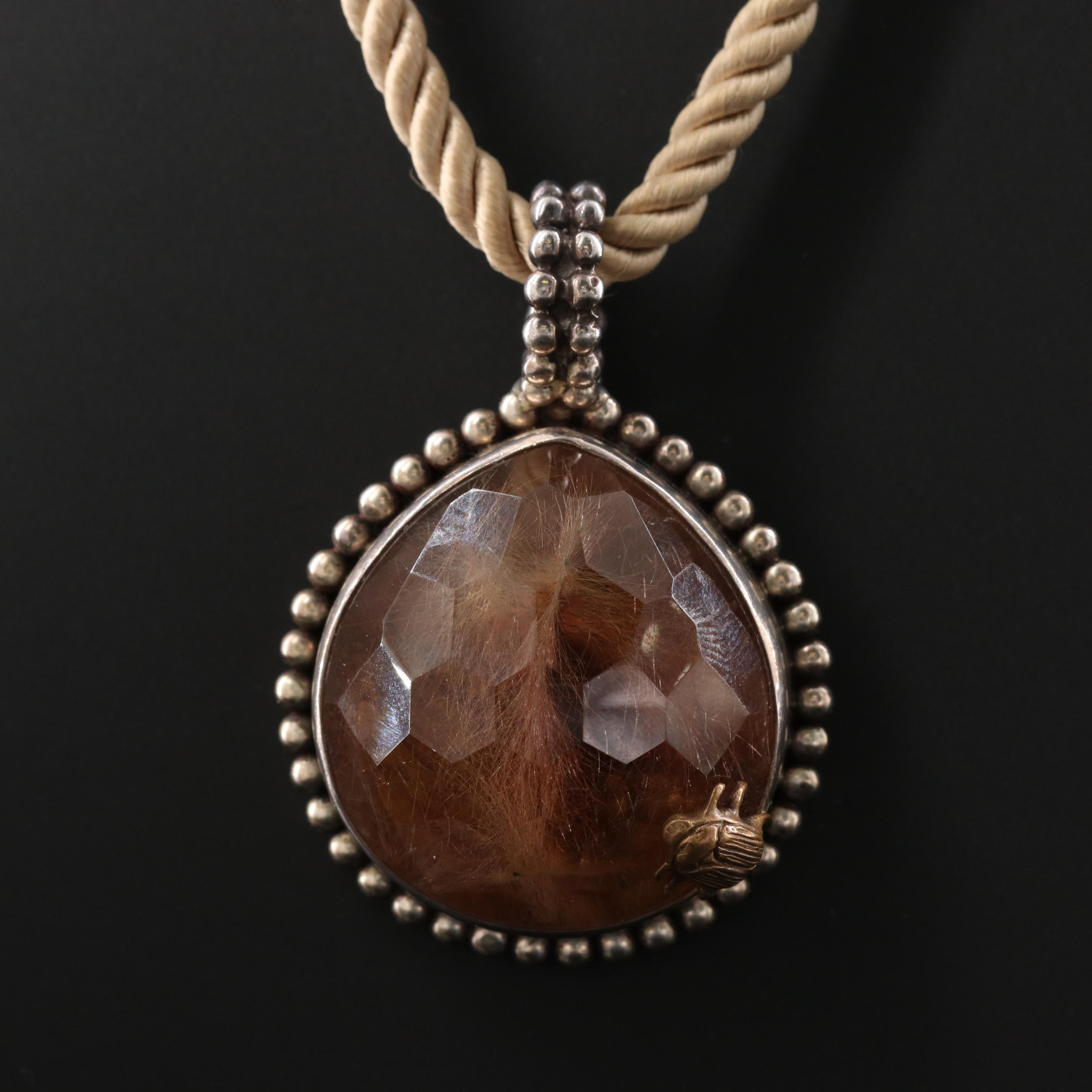 Stephen Dweck Sterling Rutilated Quartz Pendant on Cord Necklace