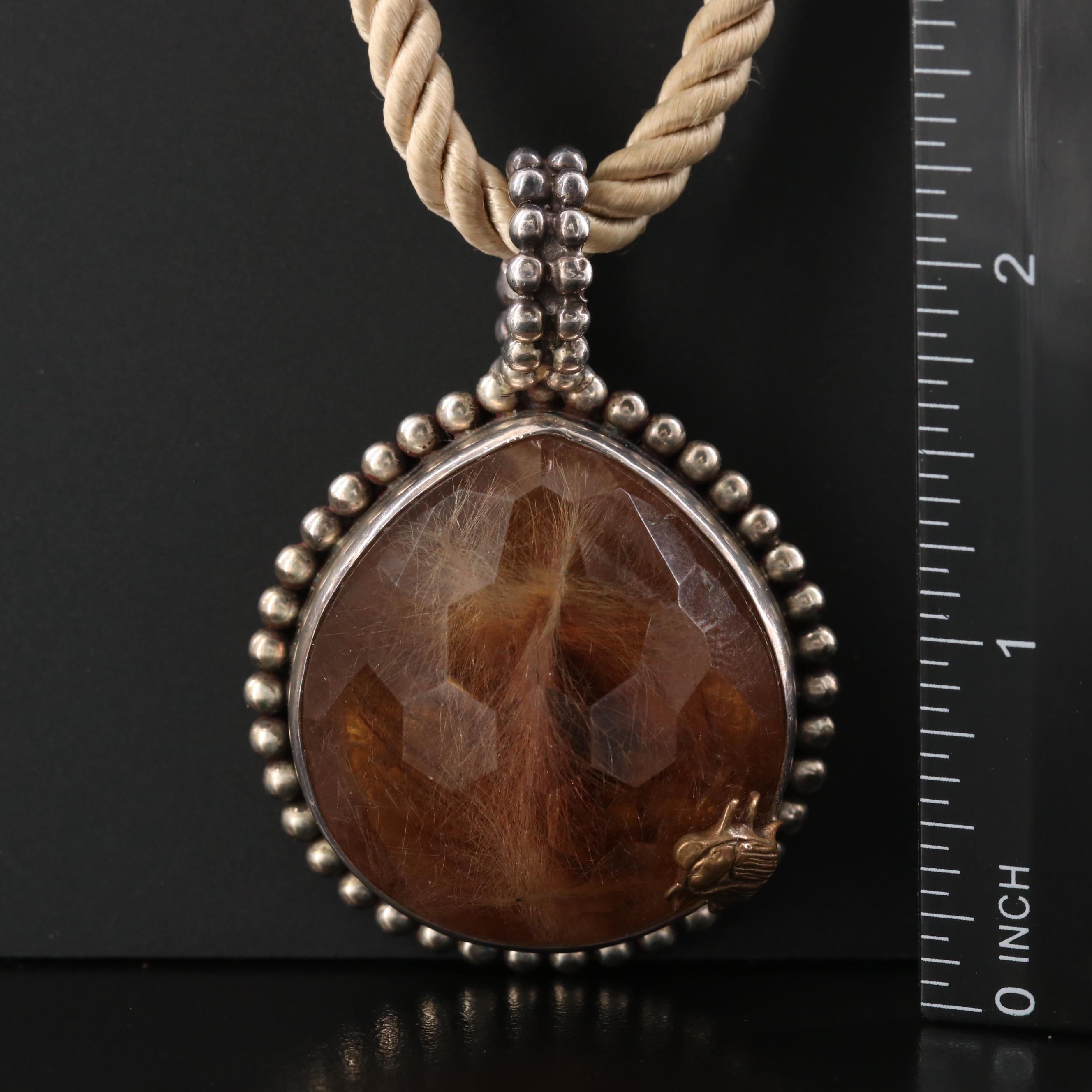 Stephen Dweck Sterling Rutilated Quartz Pendant on Cord Necklace