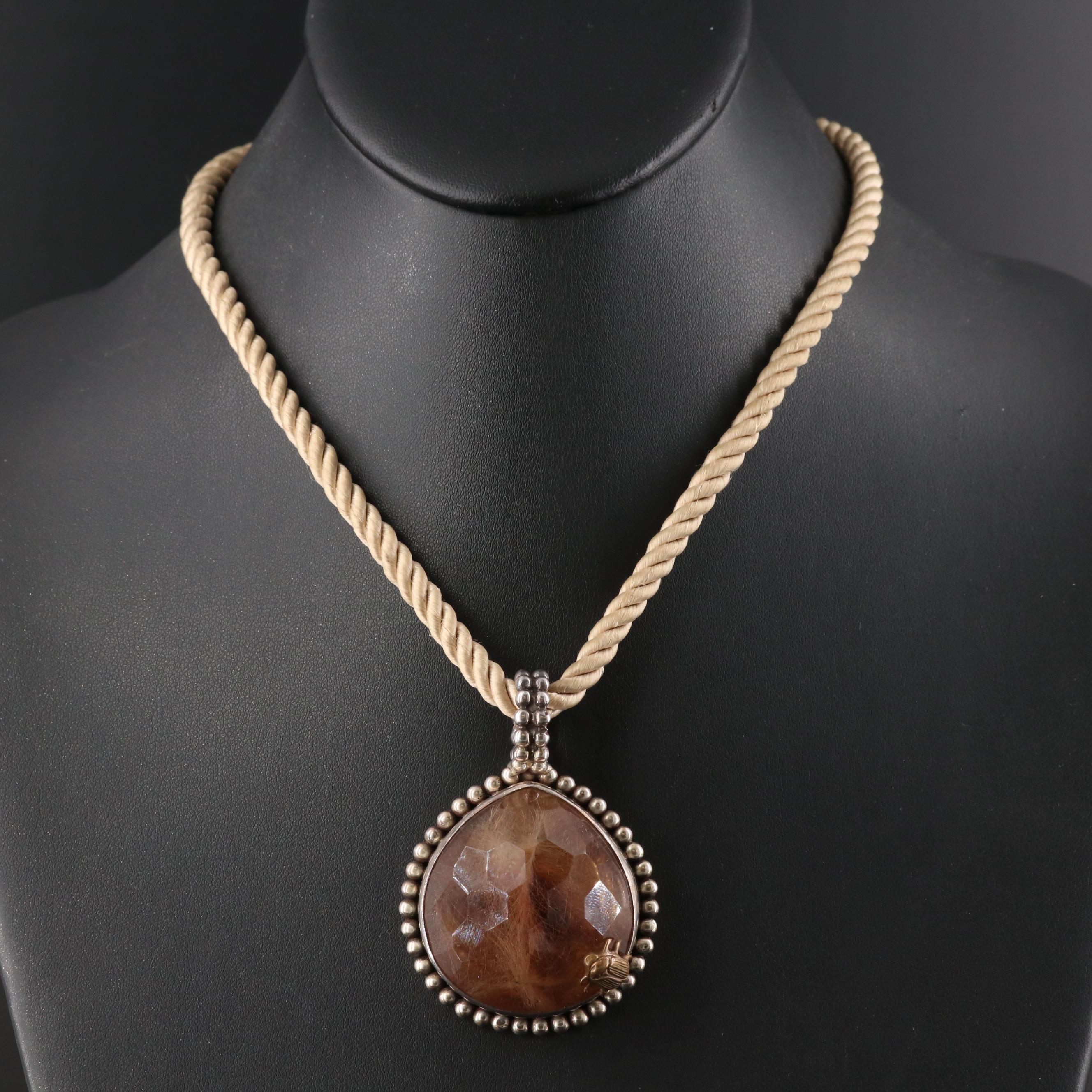 Stephen Dweck Sterling Rutilated Quartz Pendant on Cord Necklace