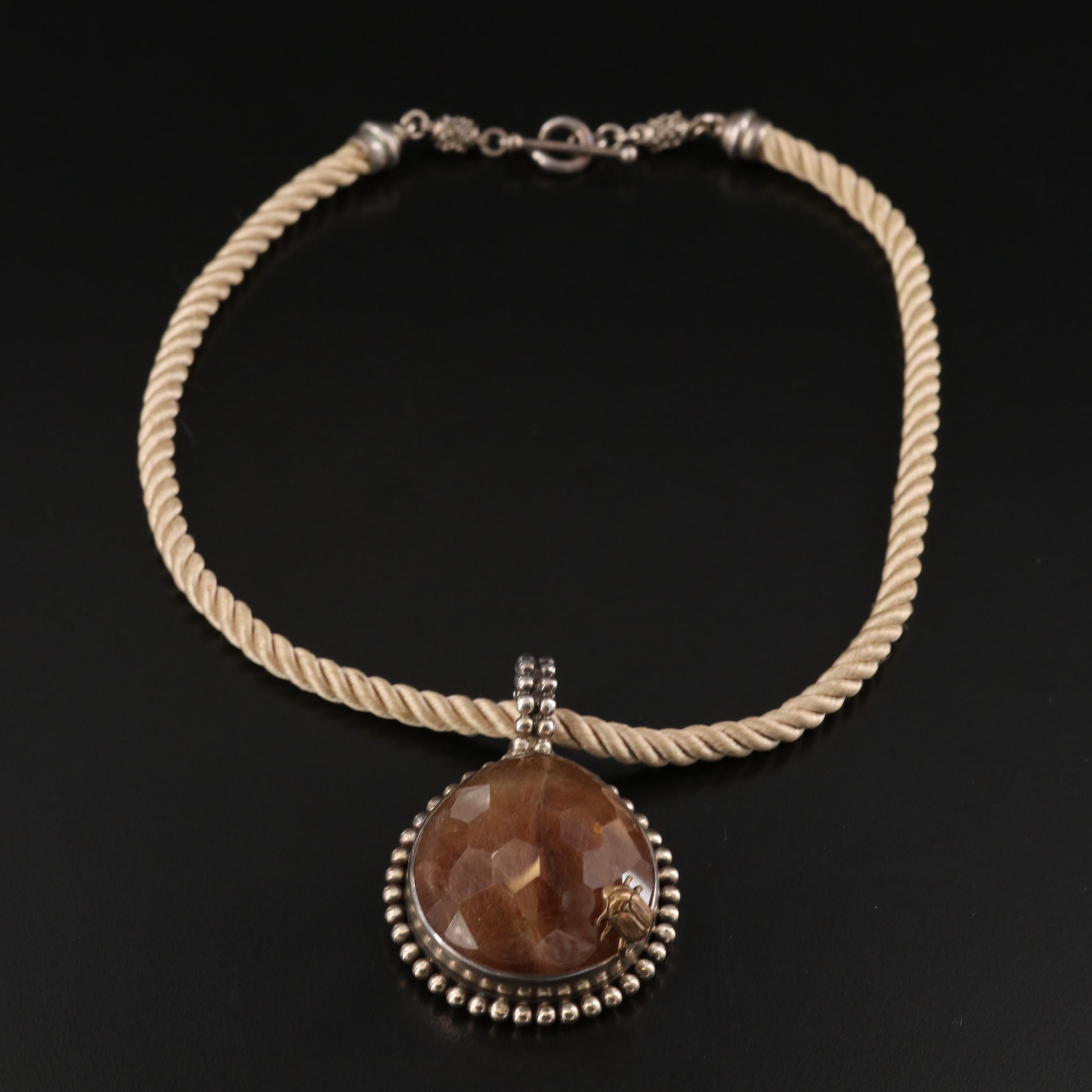 Stephen Dweck Sterling Rutilated Quartz Pendant on Cord Necklace