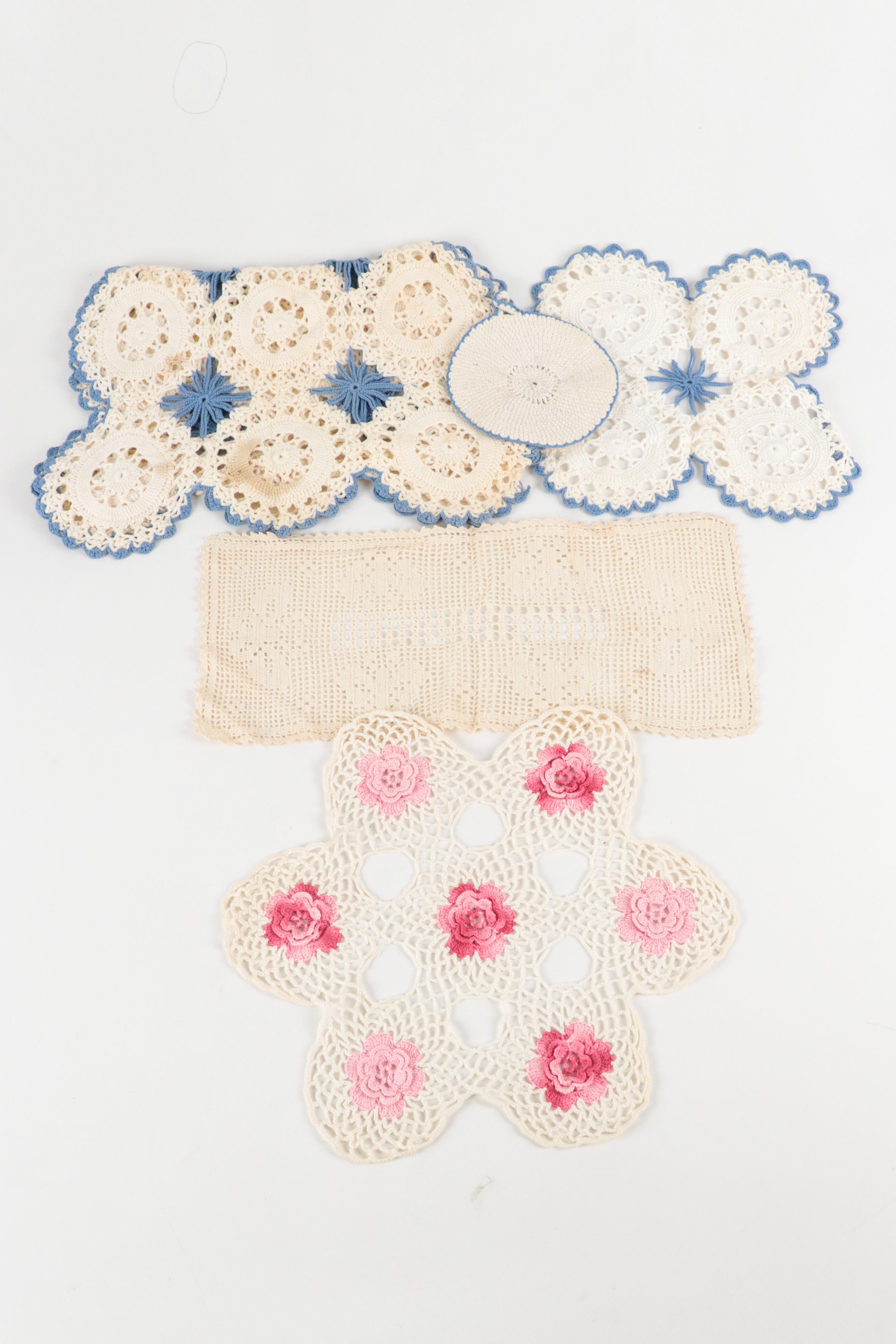 Victorian Hobbyist Hand Painted Plated Plates with Crochet Doilies and Runner