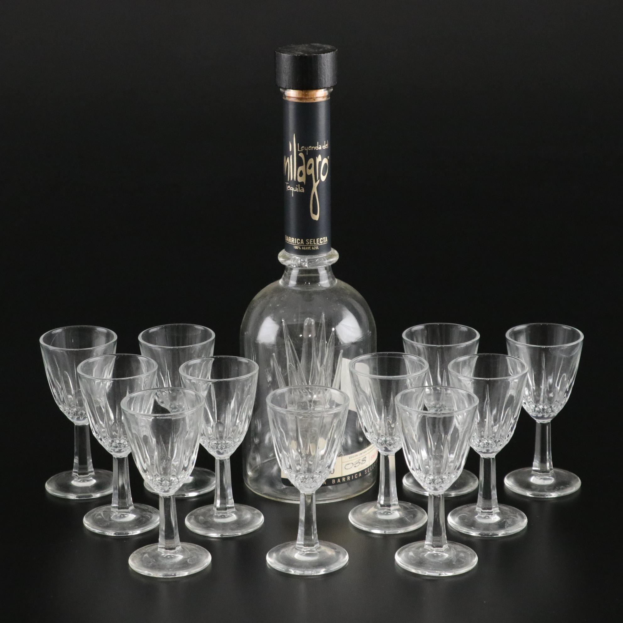 Milagro Blown Glass Tequila Bottle with Cordial Glasses