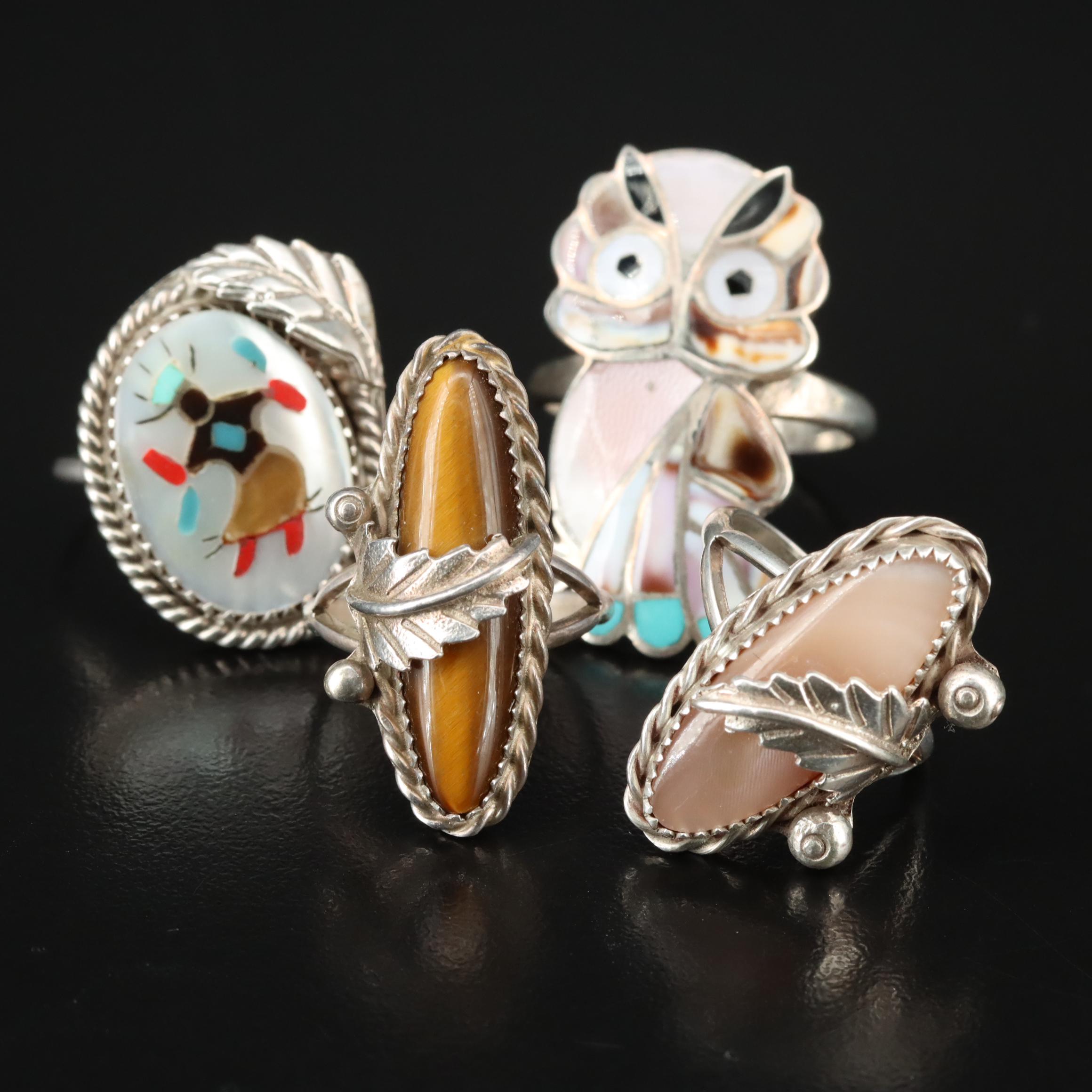 Sterling Coral, Tiger's Eye and Mother of Pearl Rings
