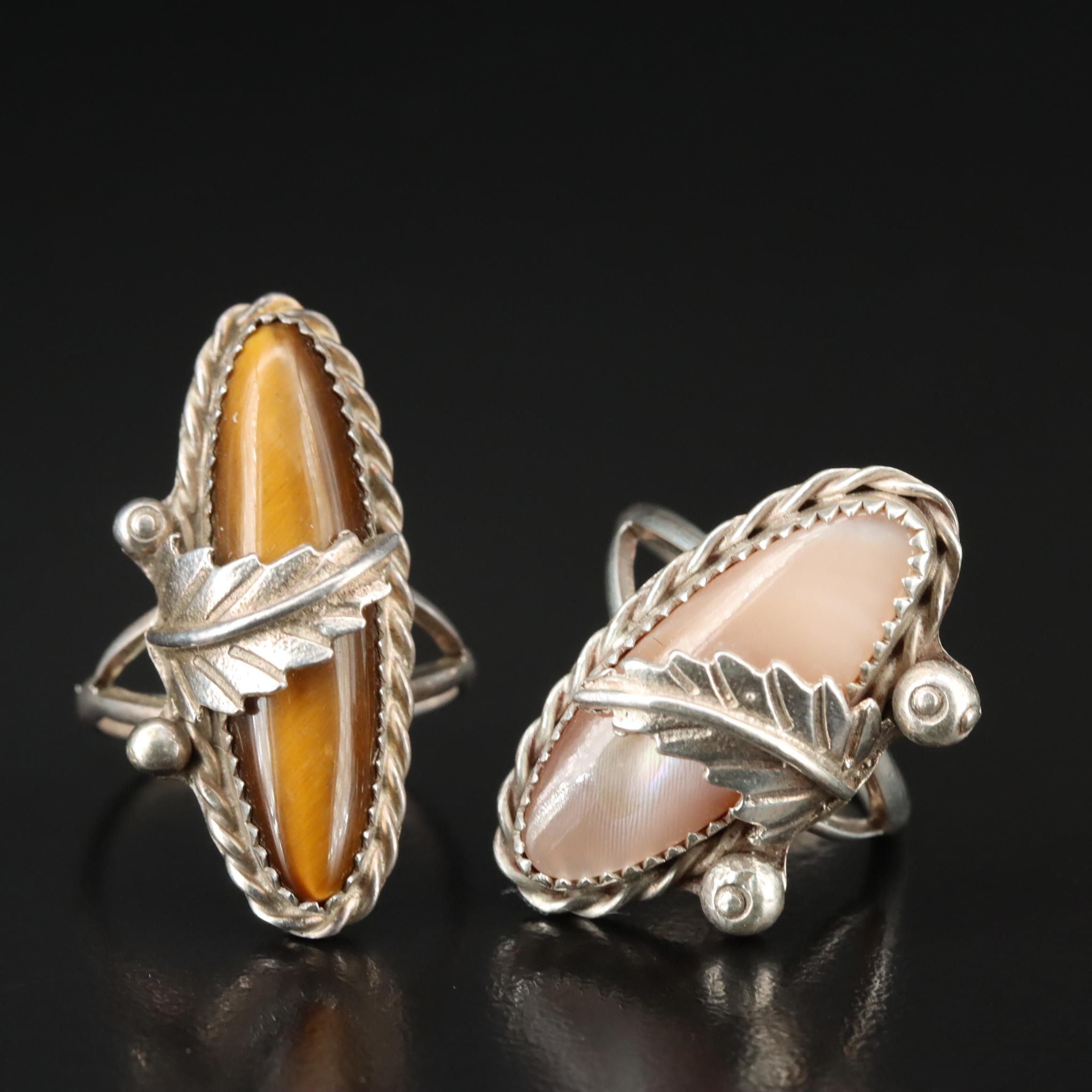 Sterling Coral, Tiger's Eye and Mother of Pearl Rings