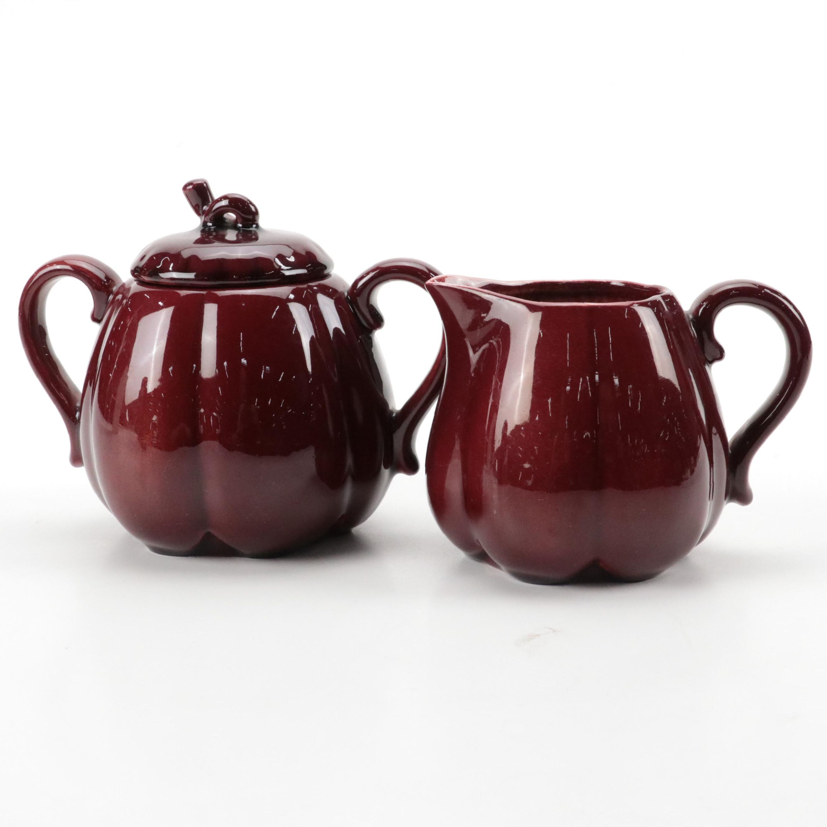 Rookwood Pottery Maroon Pumpkin Creamer and Sugar, 1950