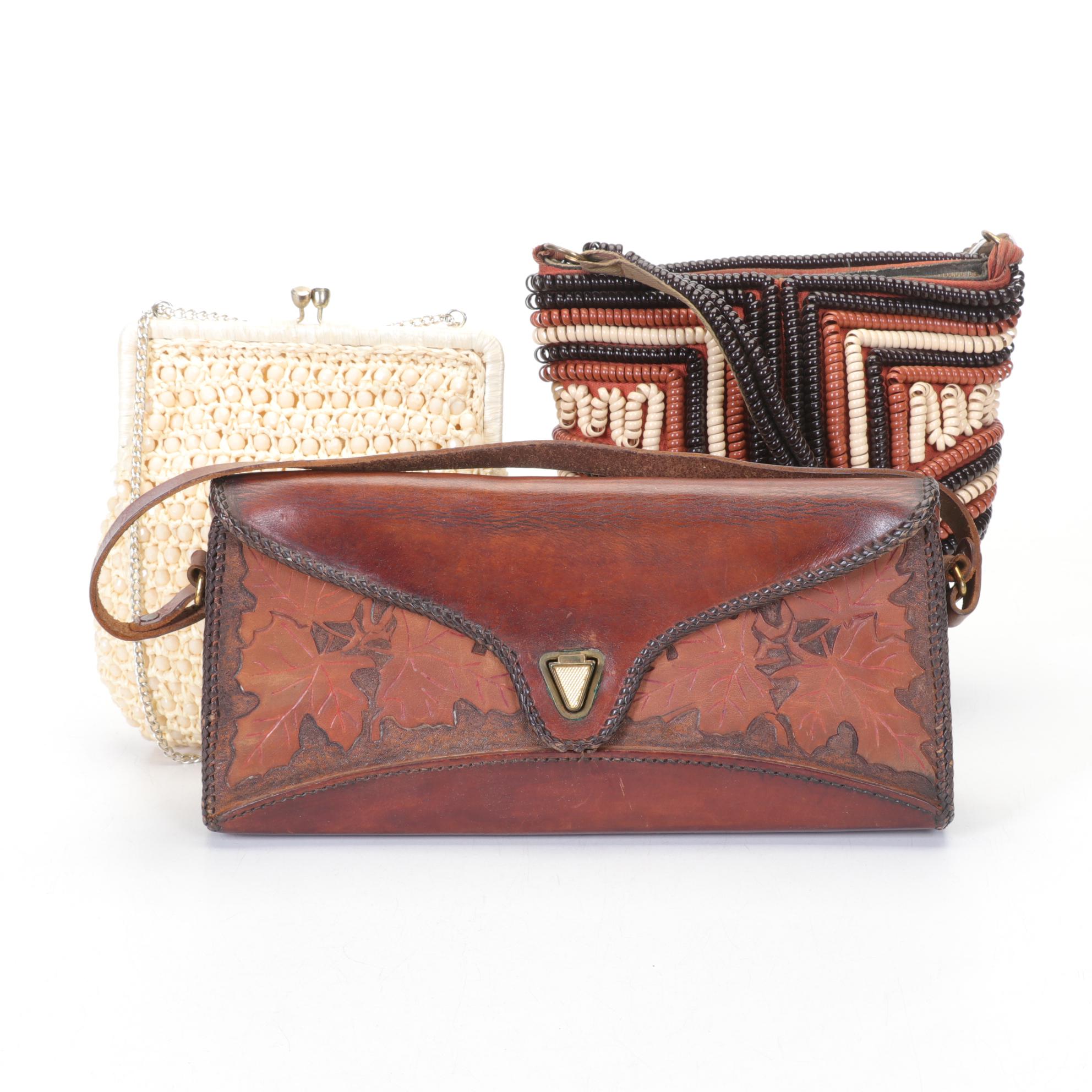 Beaded Raffia, Recycled Plastic and Tooled Leather Handbags, Mid to Late 20th C.