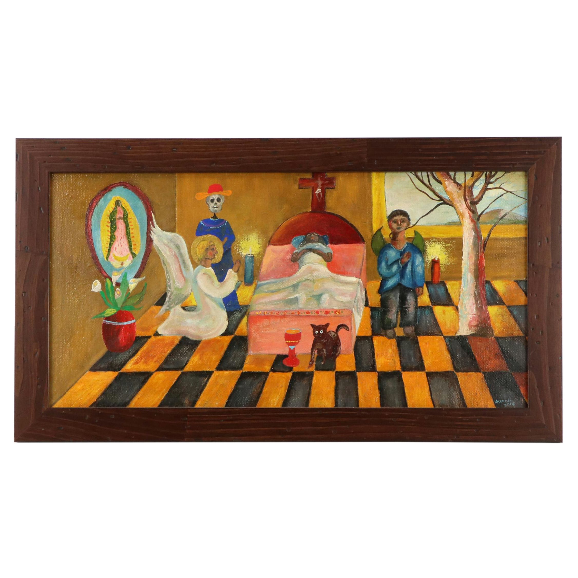 Alfredo Garcia Folk Interior Scene Oil Painting "Frida's Funeral," 2016
