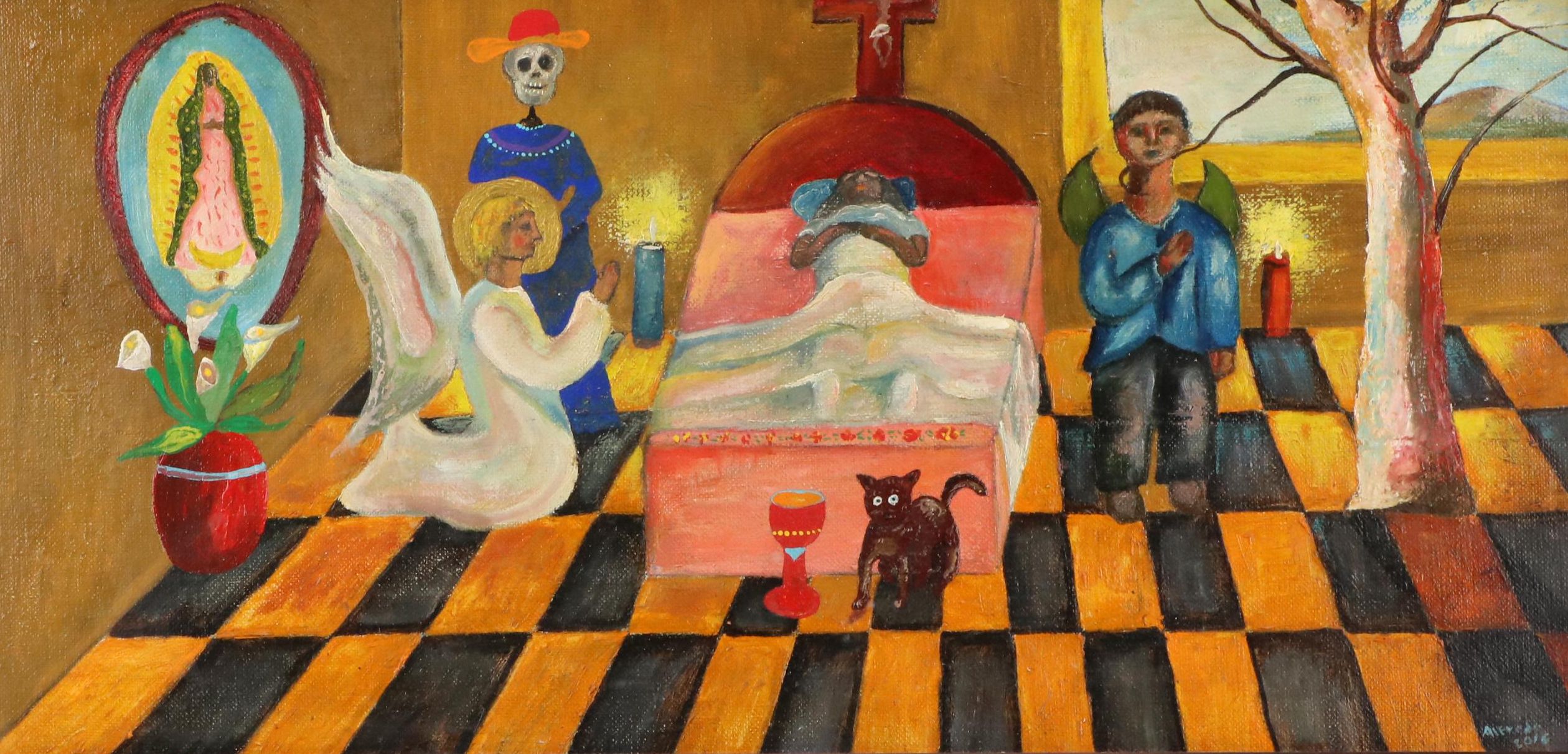 Alfredo Garcia Folk Interior Scene Oil Painting "Frida's Funeral," 2016