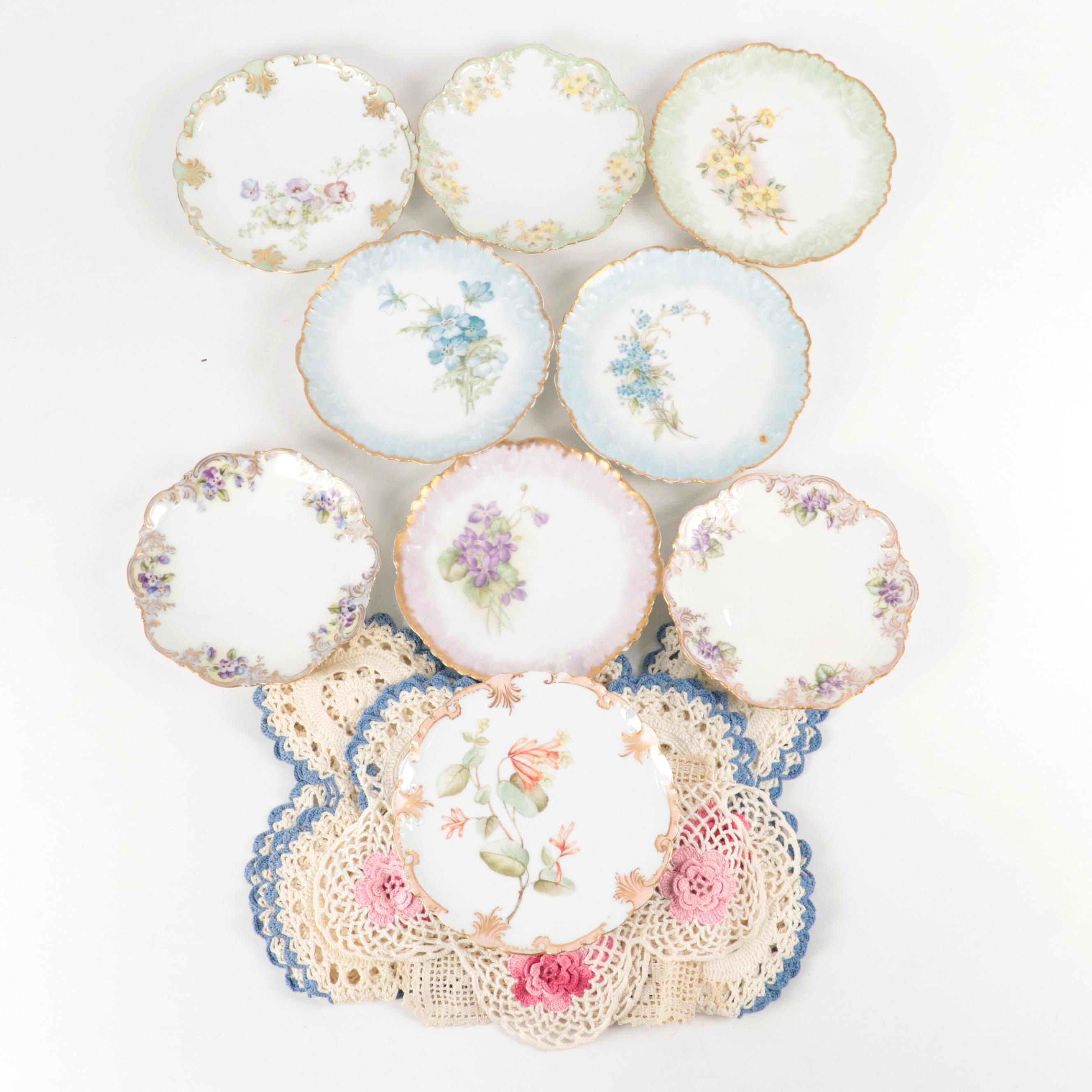 Victorian Hobbyist Hand Painted Plated Plates with Crochet Doilies and Runner