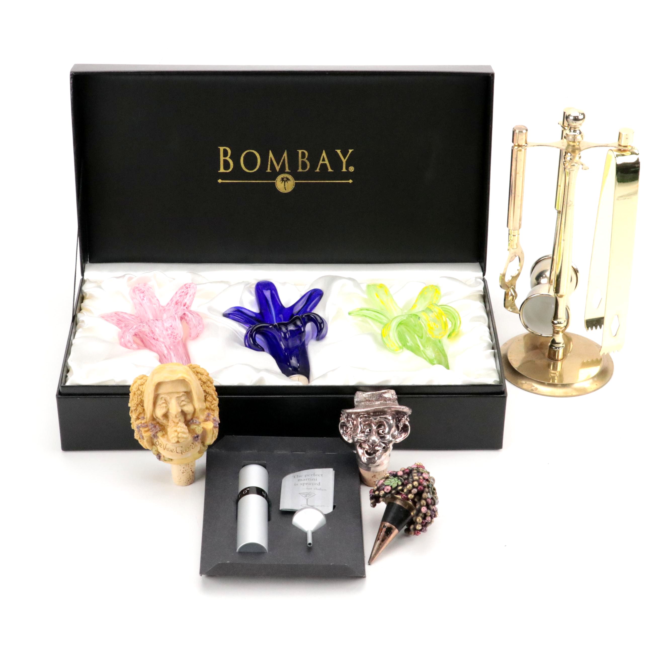 Bombay Company Glass Lily Bottle Stoppers, Brass Bar Tool Set and More