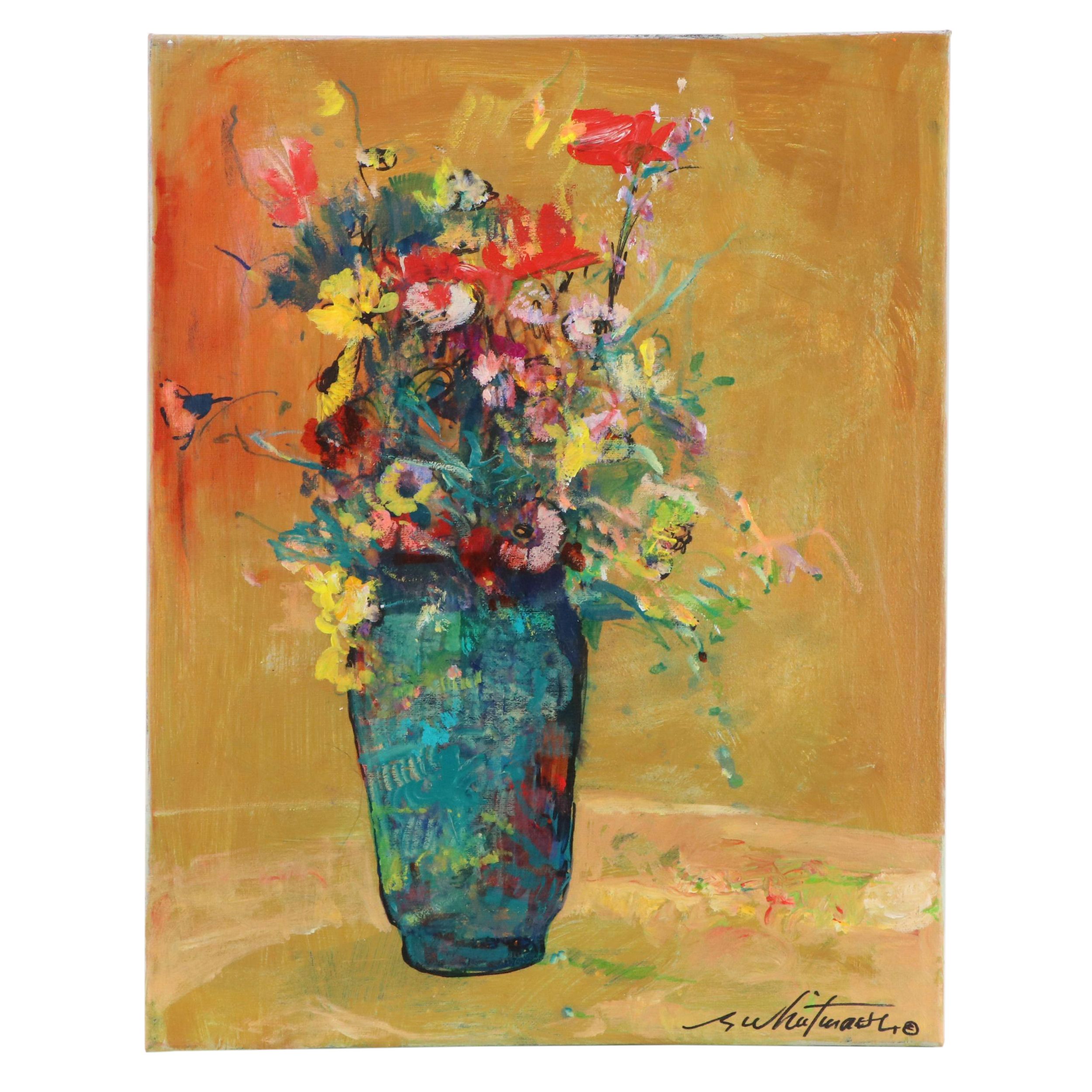 Mark Whitmarsh Stylized Floral Still Life Acrylic Painting "Golden Hour II"
