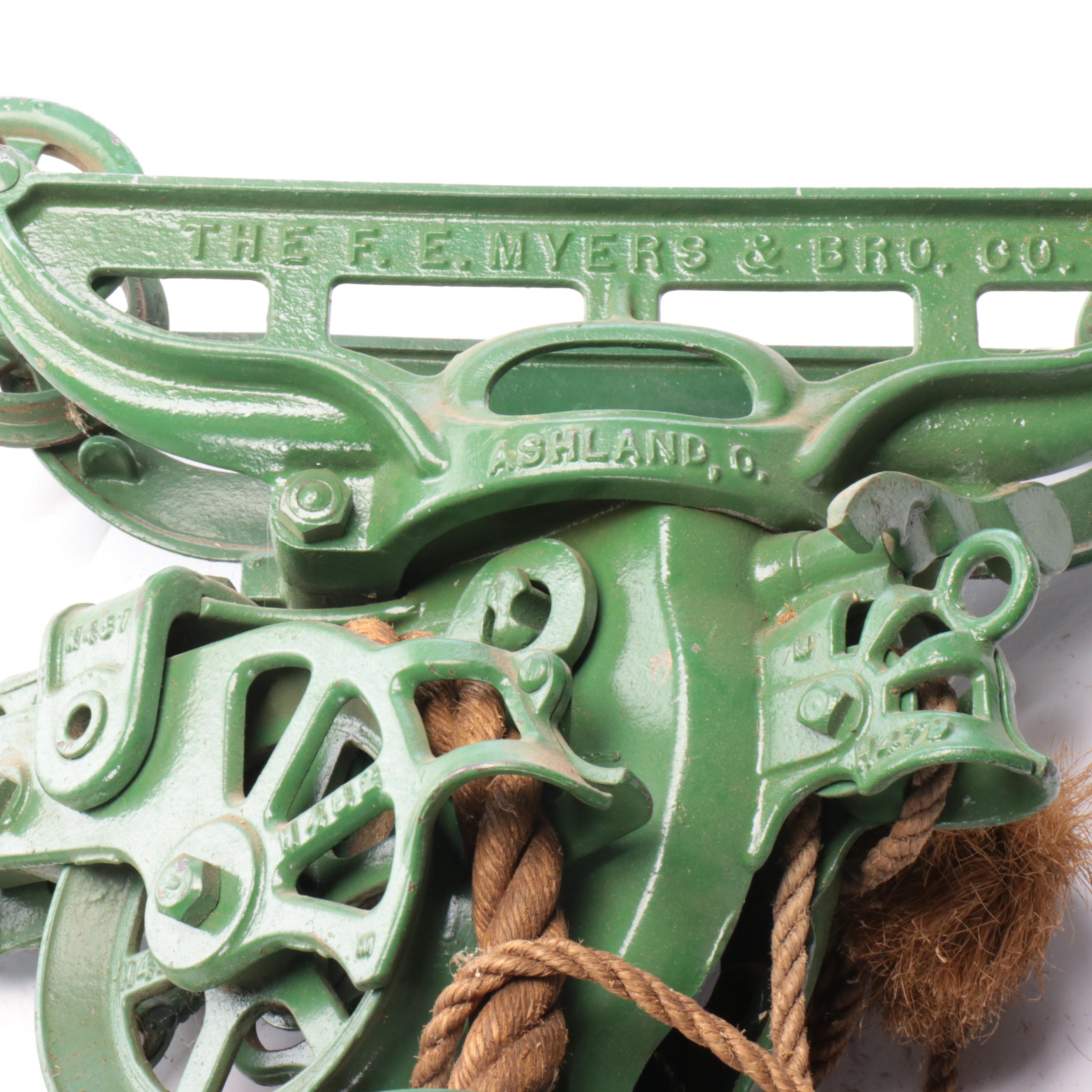 The F.E. Myers & Bro. Enameled Cast Iron Hay Bale Trolley System with Rope