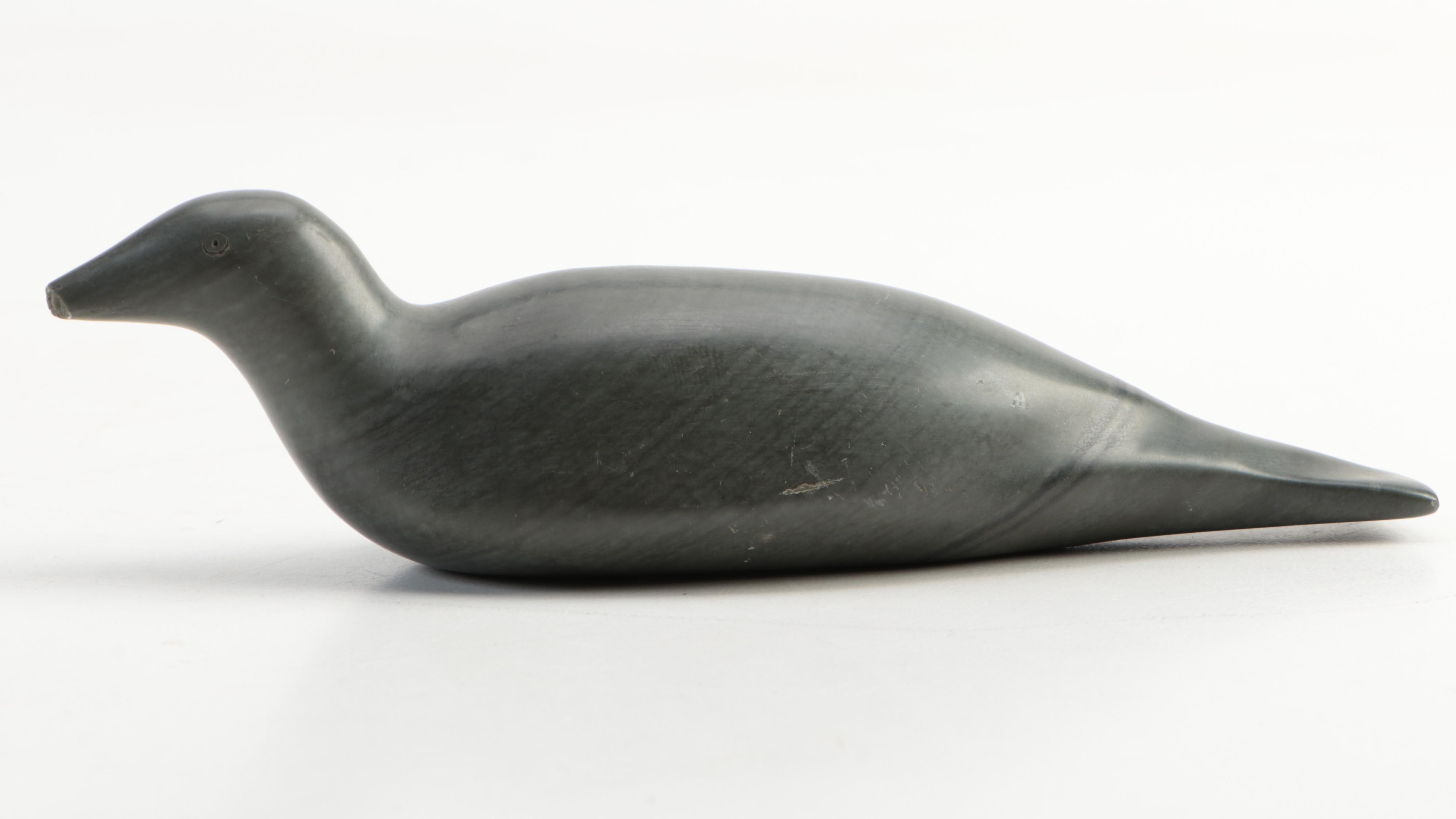 Lalique Signed Teal Glass Angelfish with Alaskan Carved Stone Loon