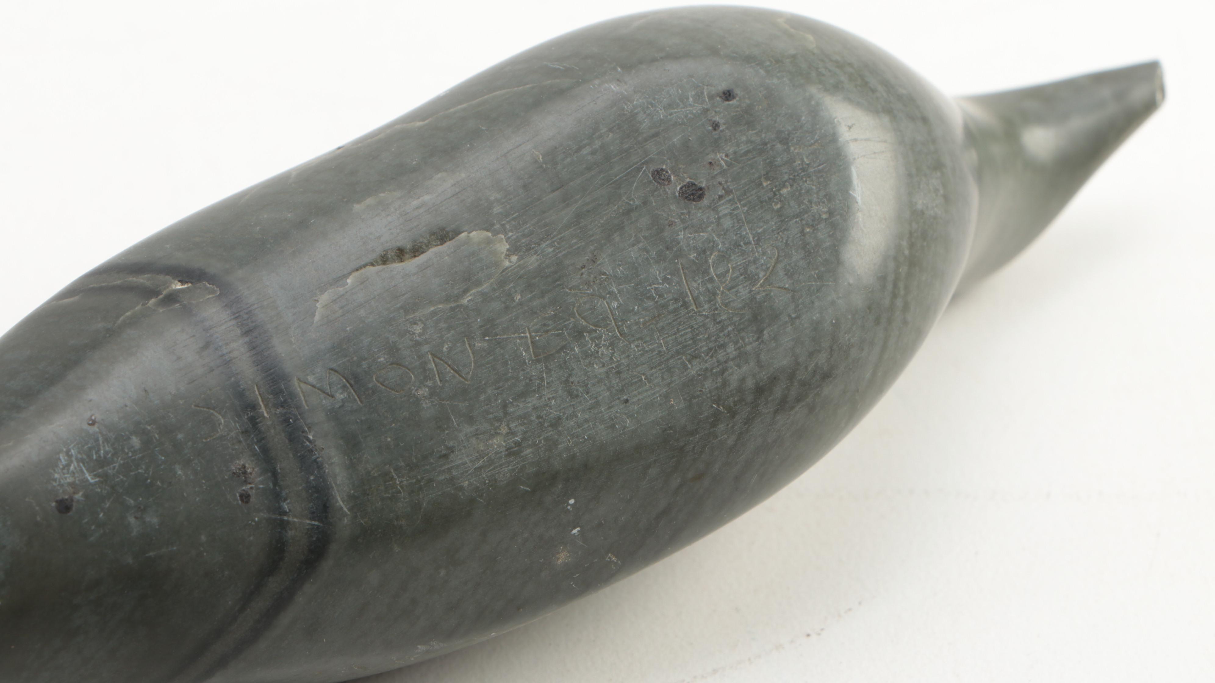 Lalique Signed Teal Glass Angelfish with Alaskan Carved Stone Loon