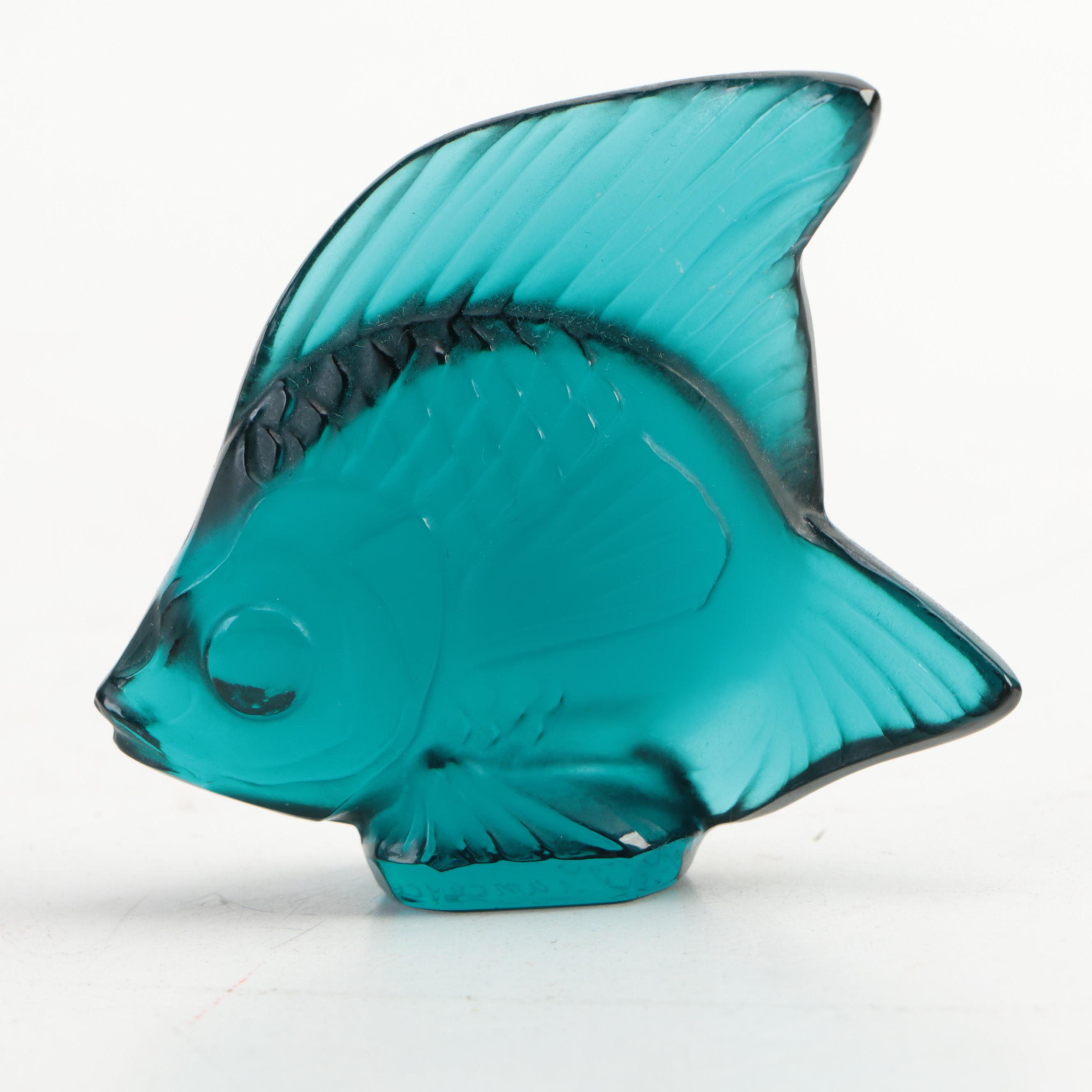 Lalique Signed Teal Glass Angelfish with Alaskan Carved Stone Loon