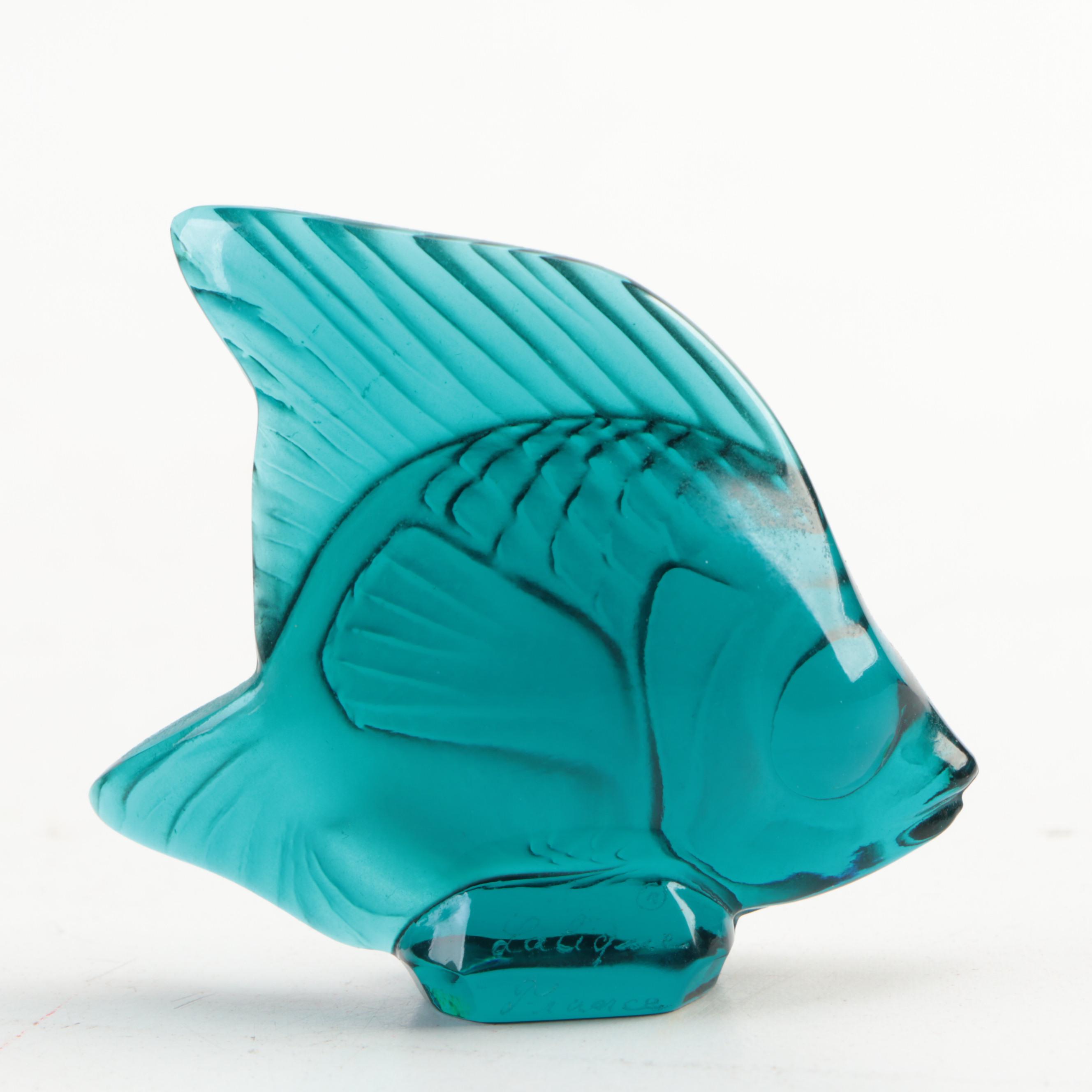Lalique Signed Teal Glass Angelfish with Alaskan Carved Stone Loon