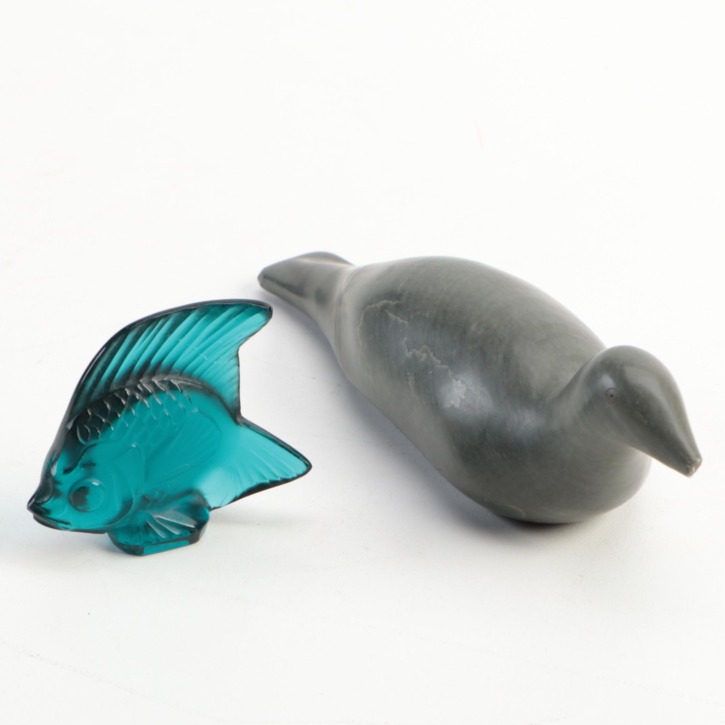 Lalique Signed Teal Glass Angelfish with Alaskan Carved Stone Loon