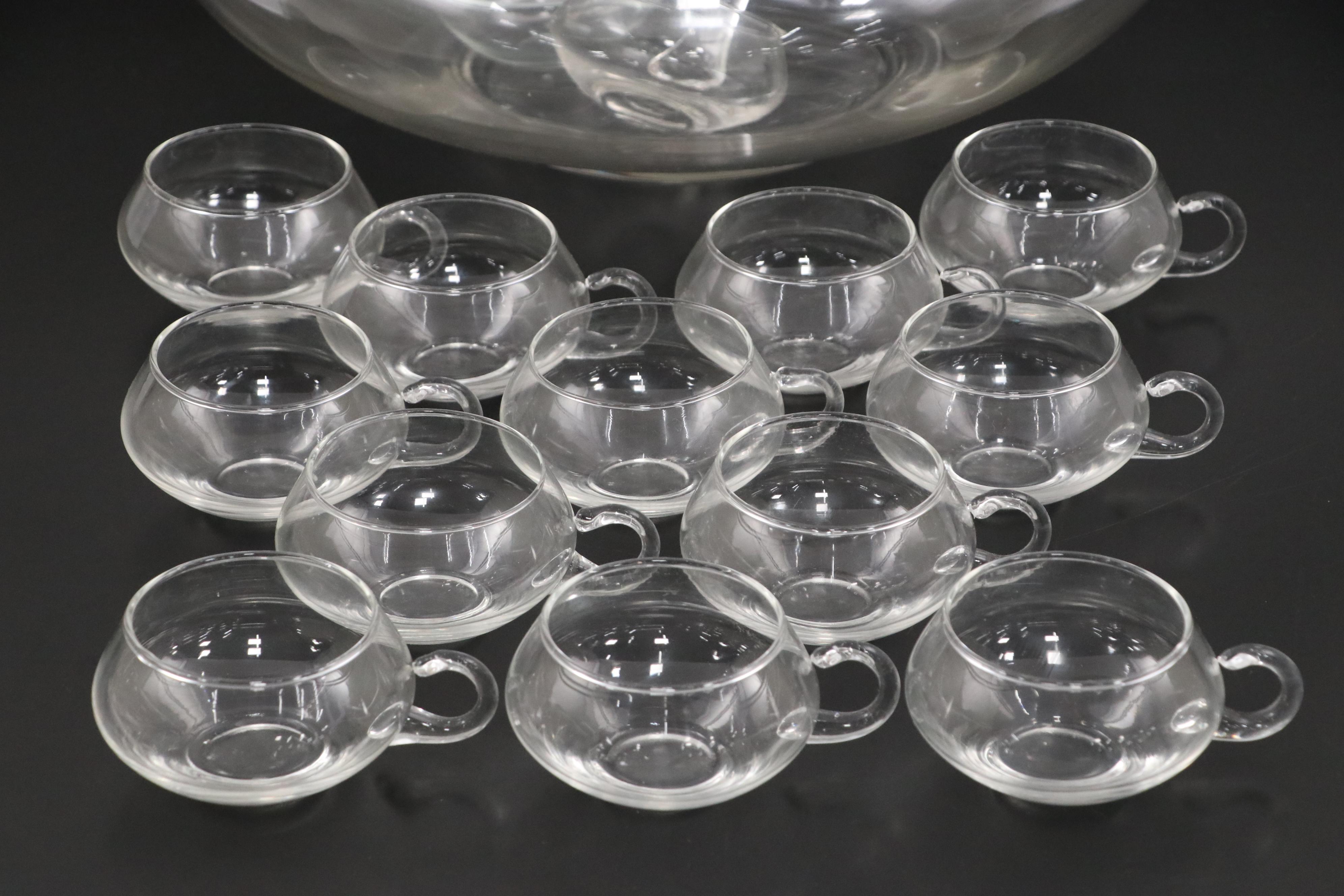 Mid Century Modern Clear Glass Punch Bowl with Matching Punch Cups and Ladles