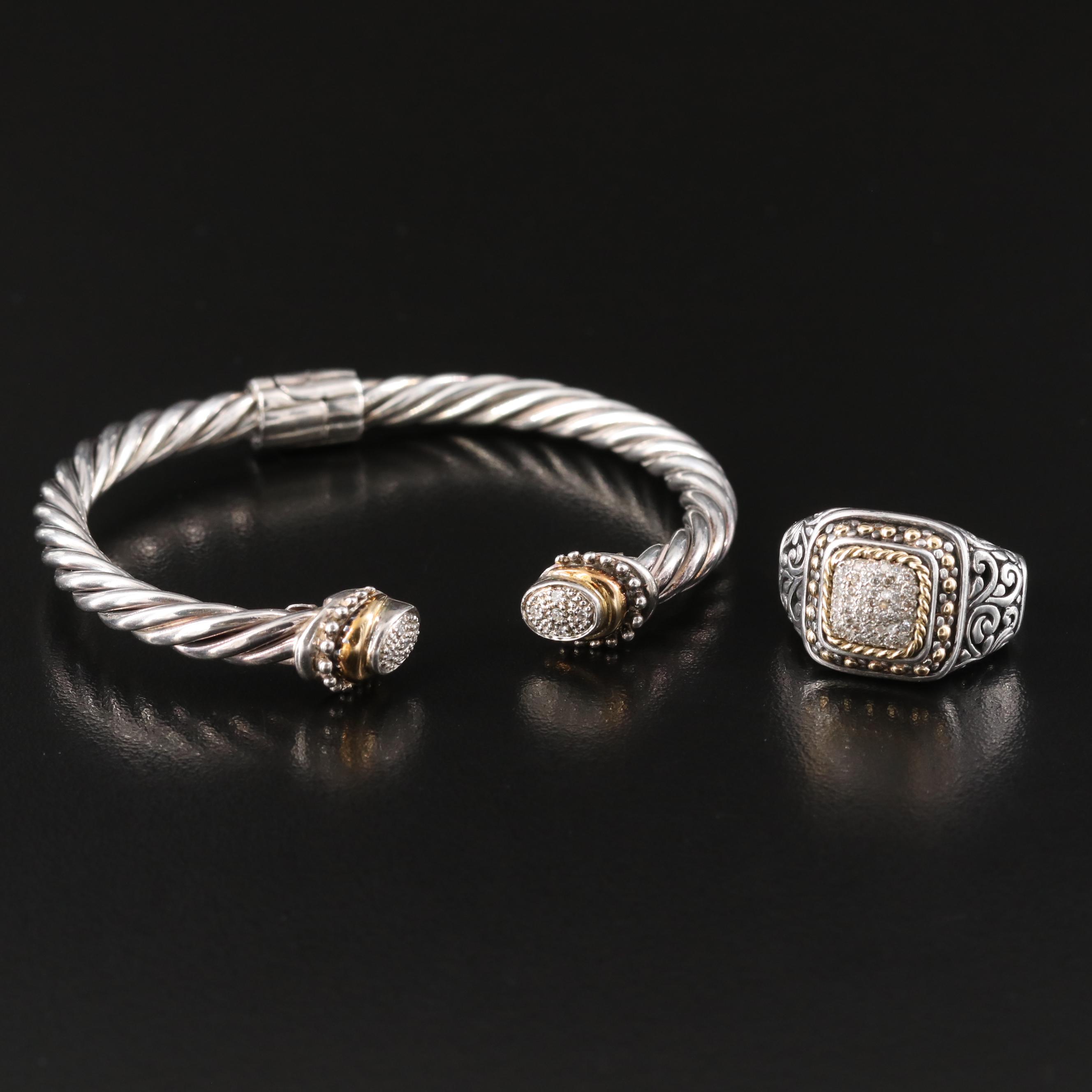 Samuel Benham Cuff and Samuel Benham Designs Ring with Diamonds and Gold Accents