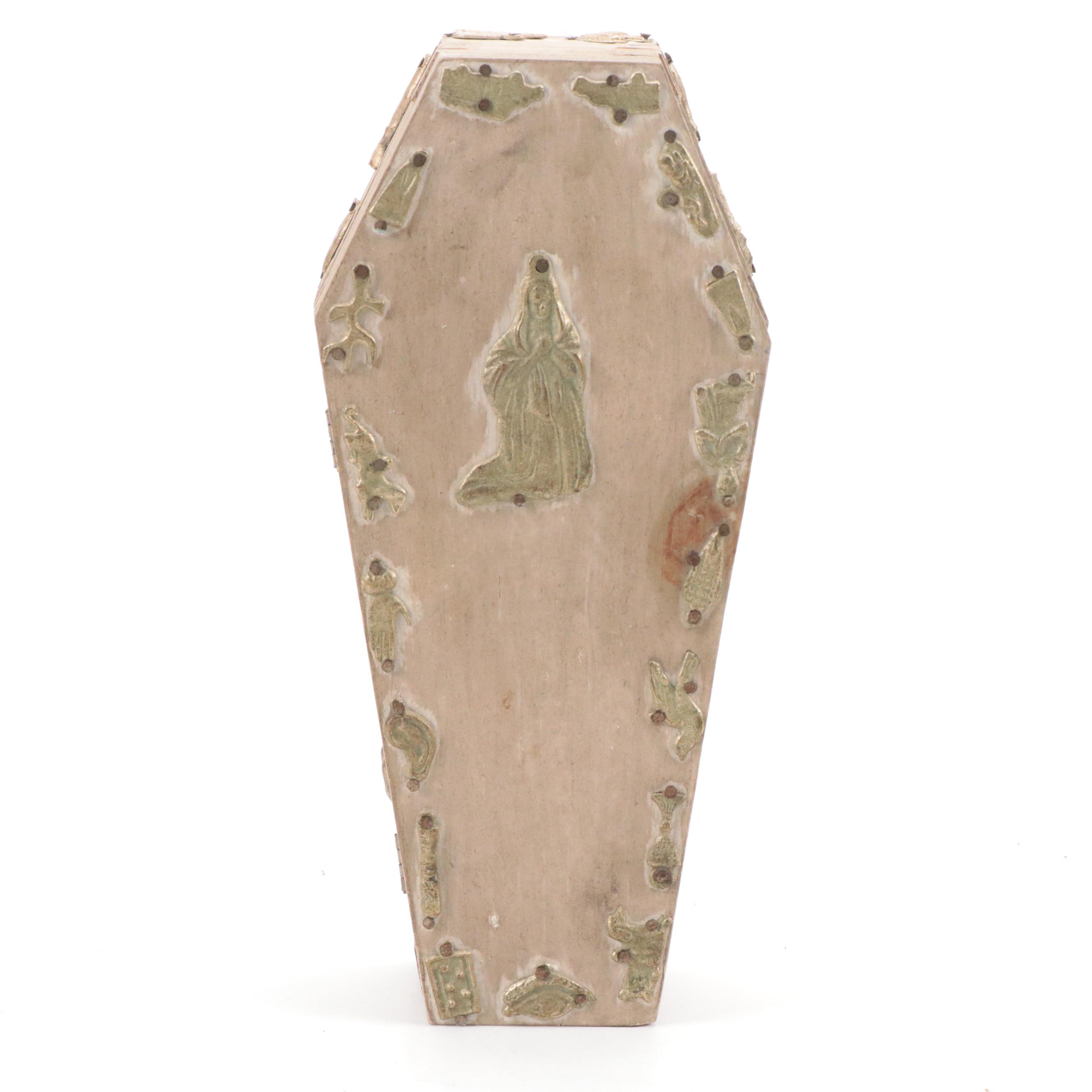Mexican Folk Art Miniature Wooden Coffin with Milagros