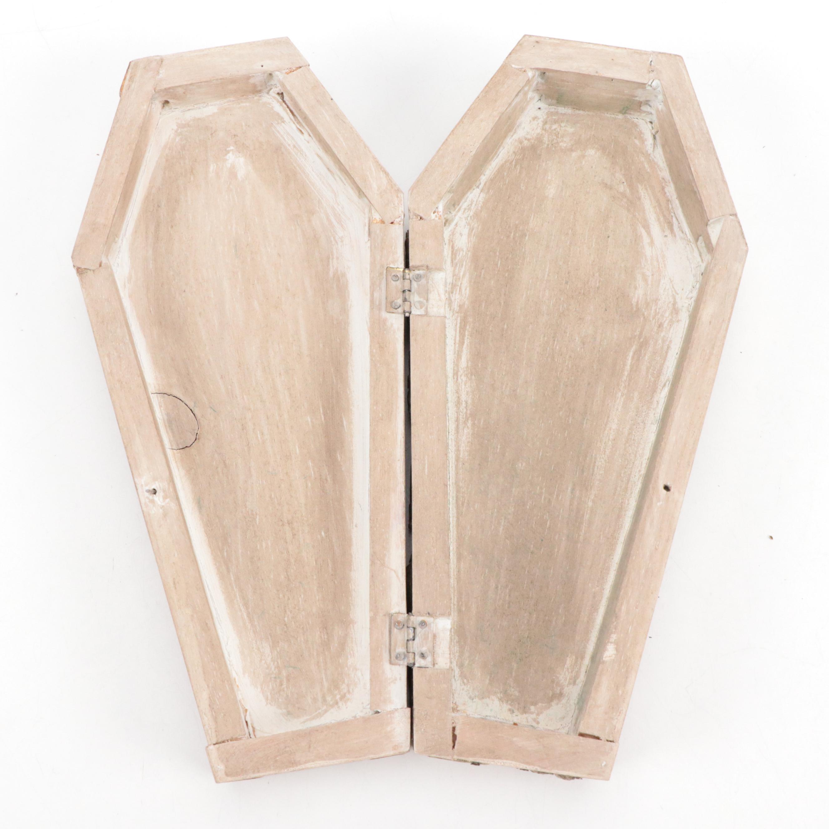 Mexican Folk Art Miniature Wooden Coffin with Milagros