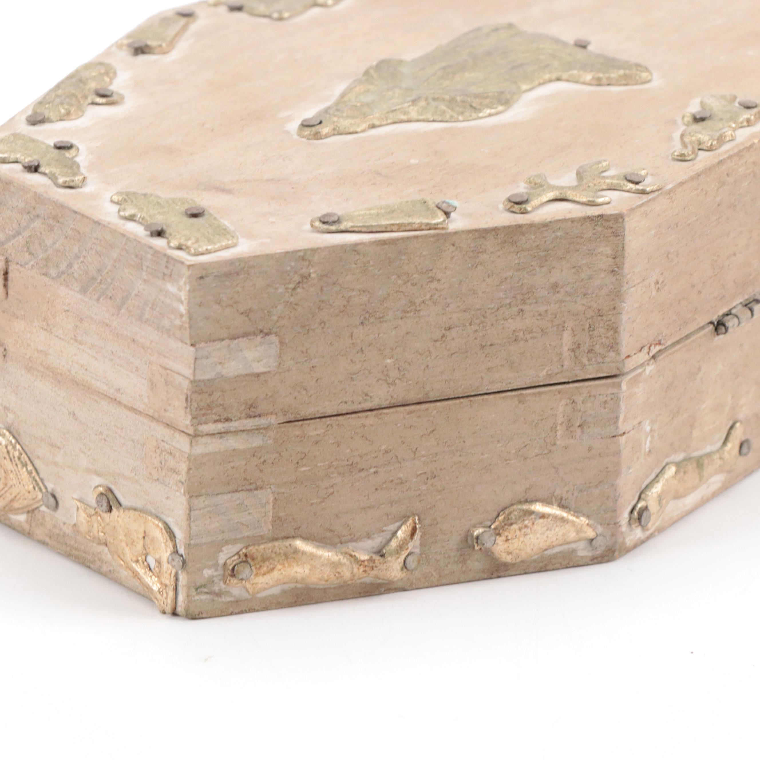 Mexican Folk Art Miniature Wooden Coffin with Milagros