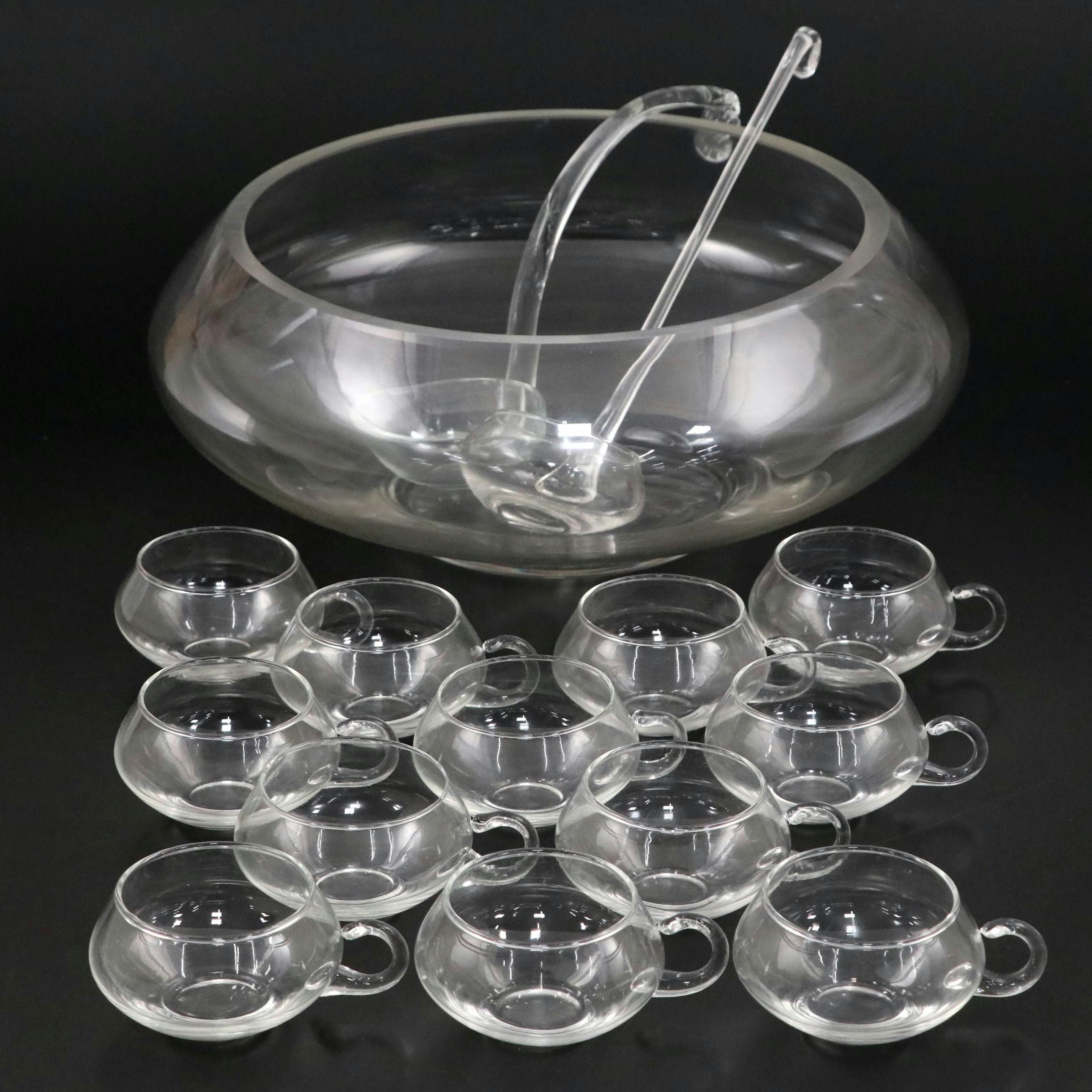 Mid Century Modern Clear Glass Punch Bowl with Matching Punch Cups and Ladles
