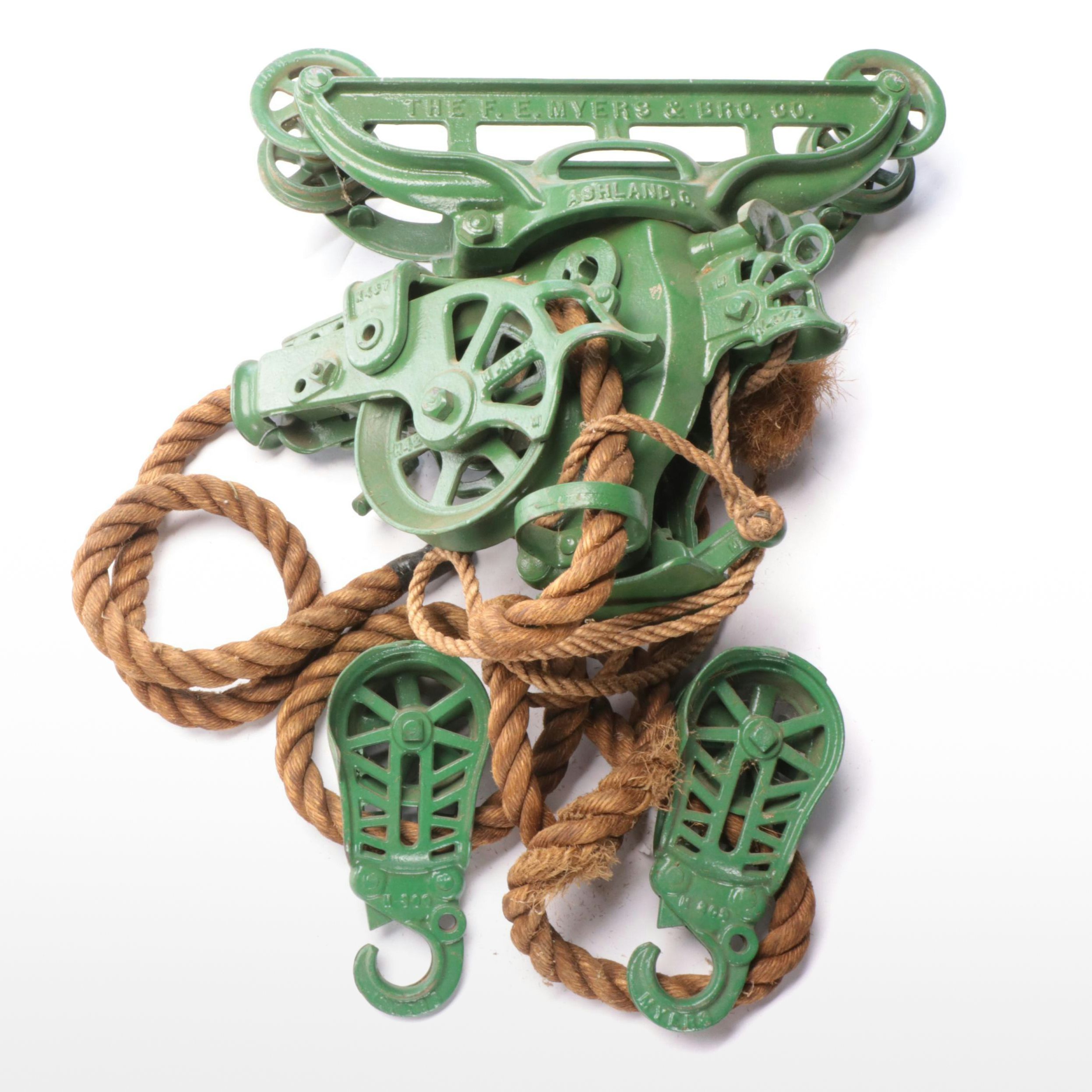 The F.E. Myers & Bro. Enameled Cast Iron Hay Bale Trolley System with Rope