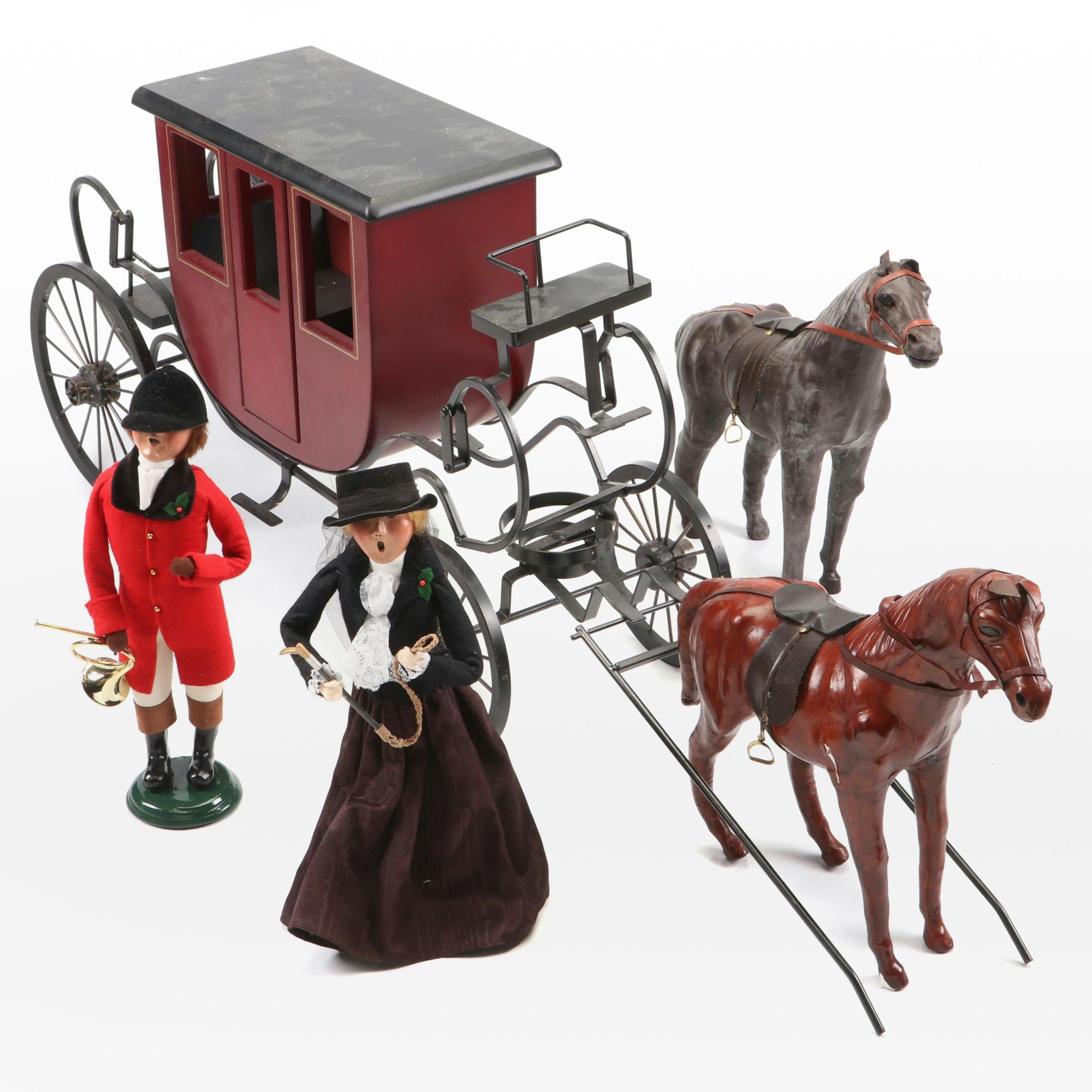 Byers' Choice "The Carolers" Figurines w/ Model Coach and Leather-Wrapped Horses