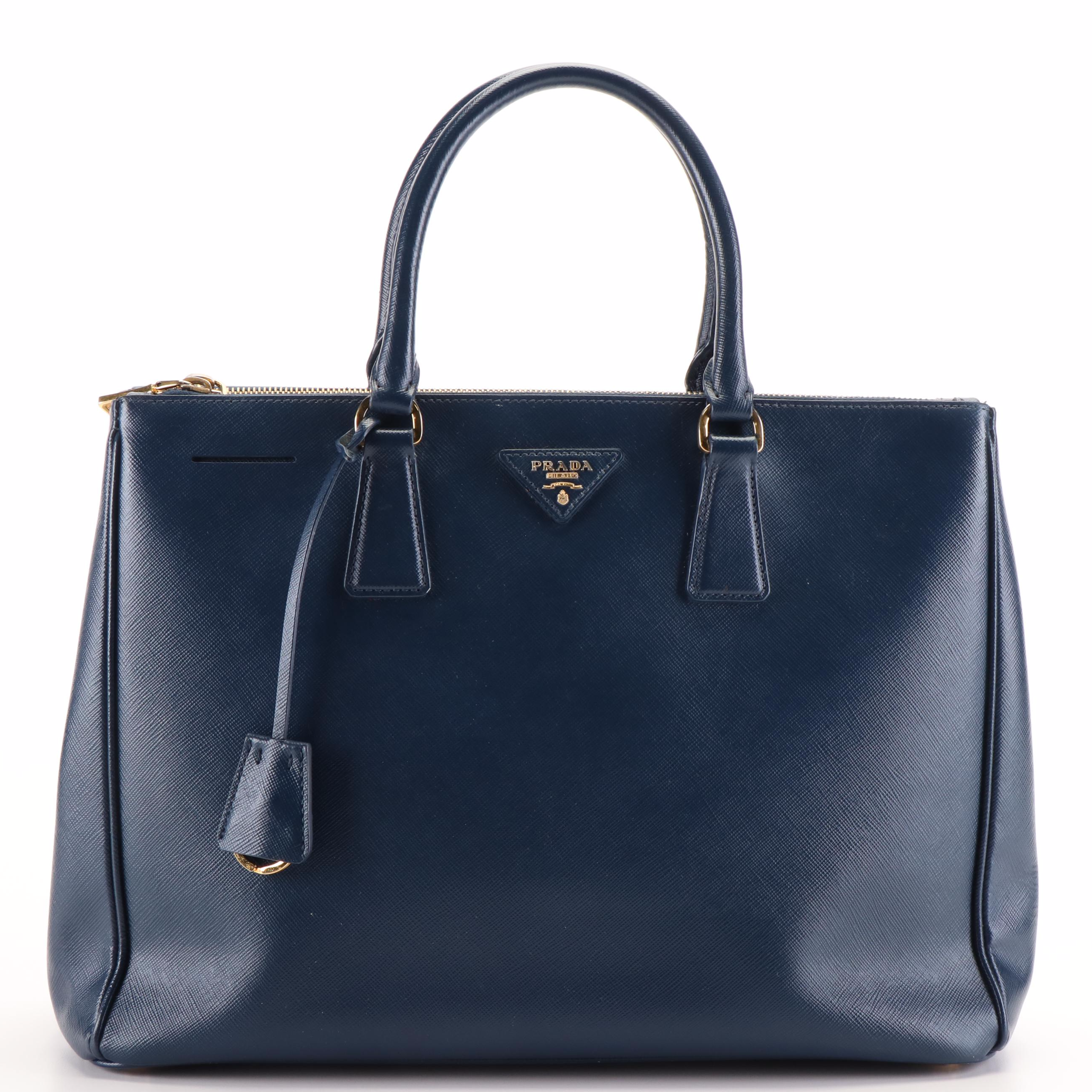 Prada Medium Galleria Double Zip Tote Bag in Blue Saffiano Lux Leather