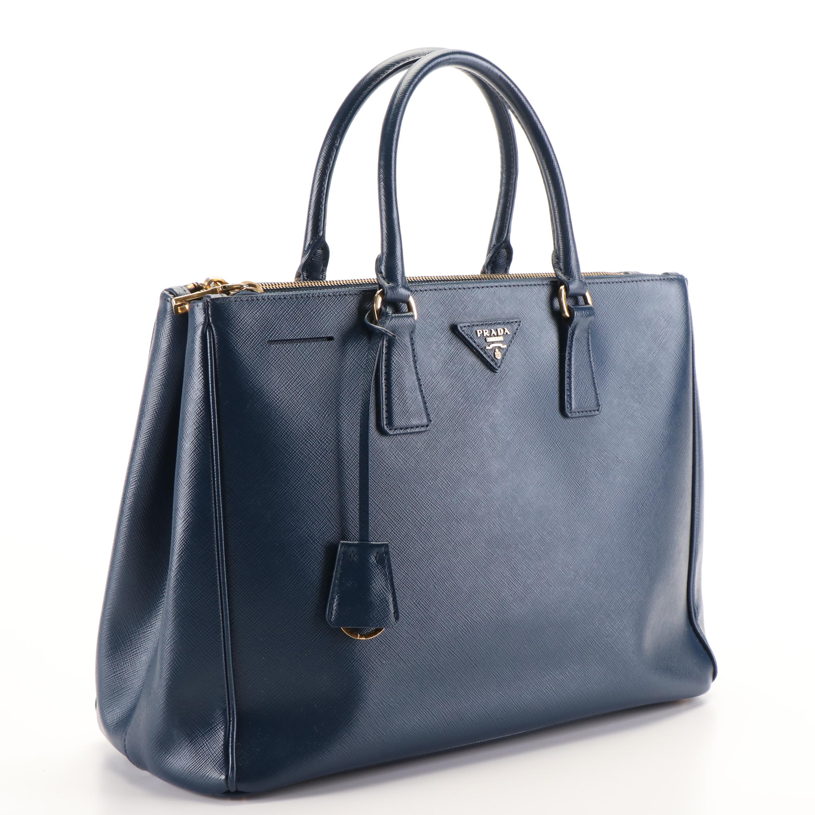 Prada Medium Galleria Double Zip Tote Bag in Blue Saffiano Lux Leather