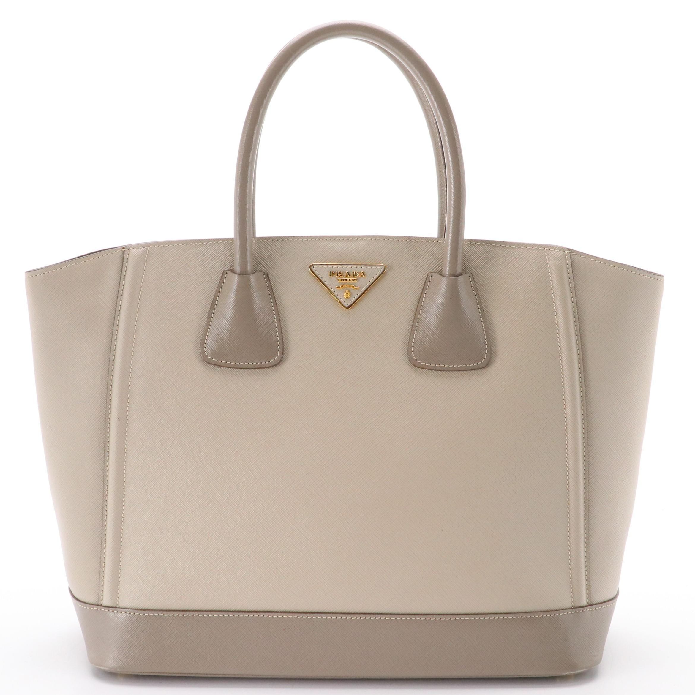 Prada Shopping Tote in Saffiano Lux Grey Leather With Model Willa