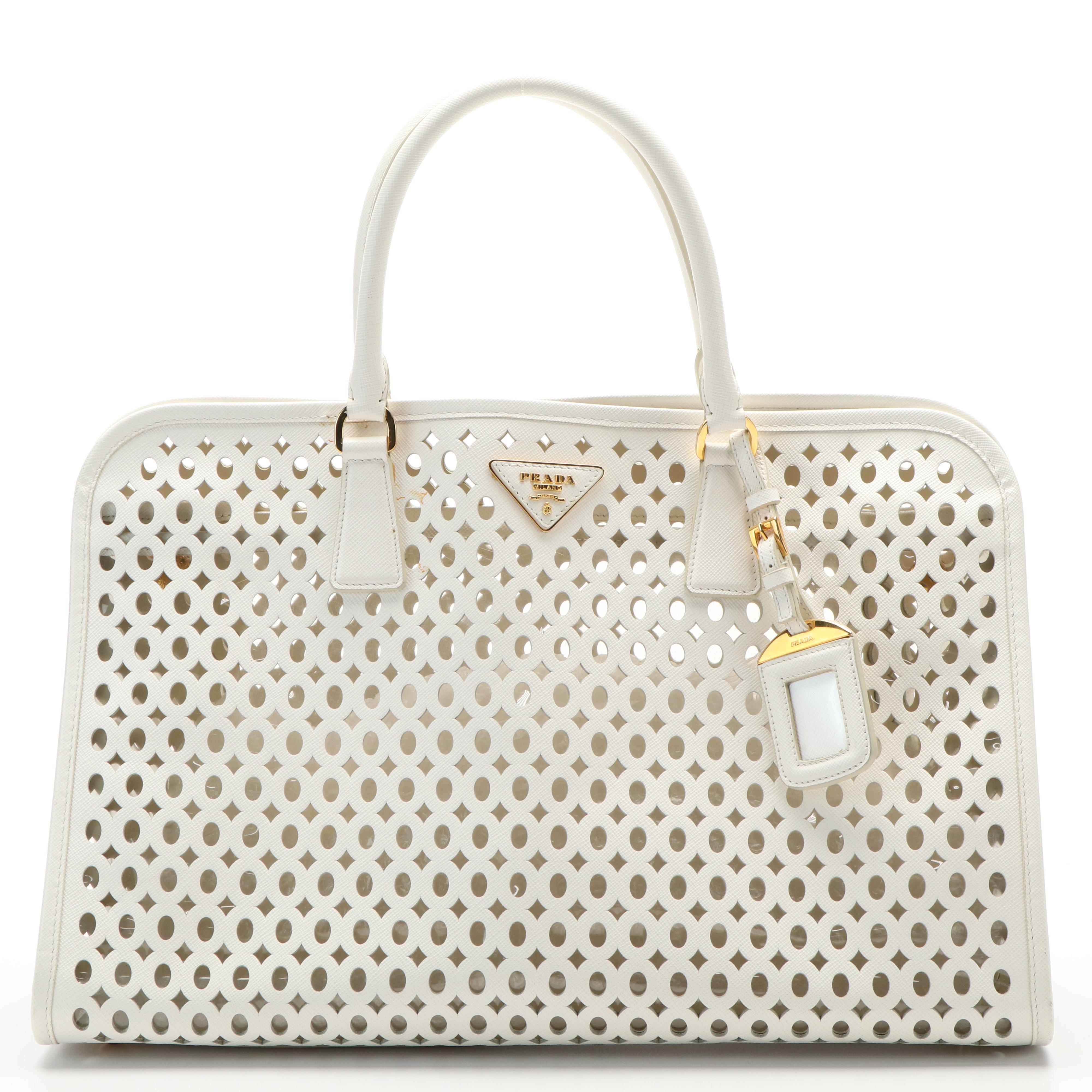 Prada Vernice Perforated Saffiano Leather Top Handle Bag with Model "Duck"