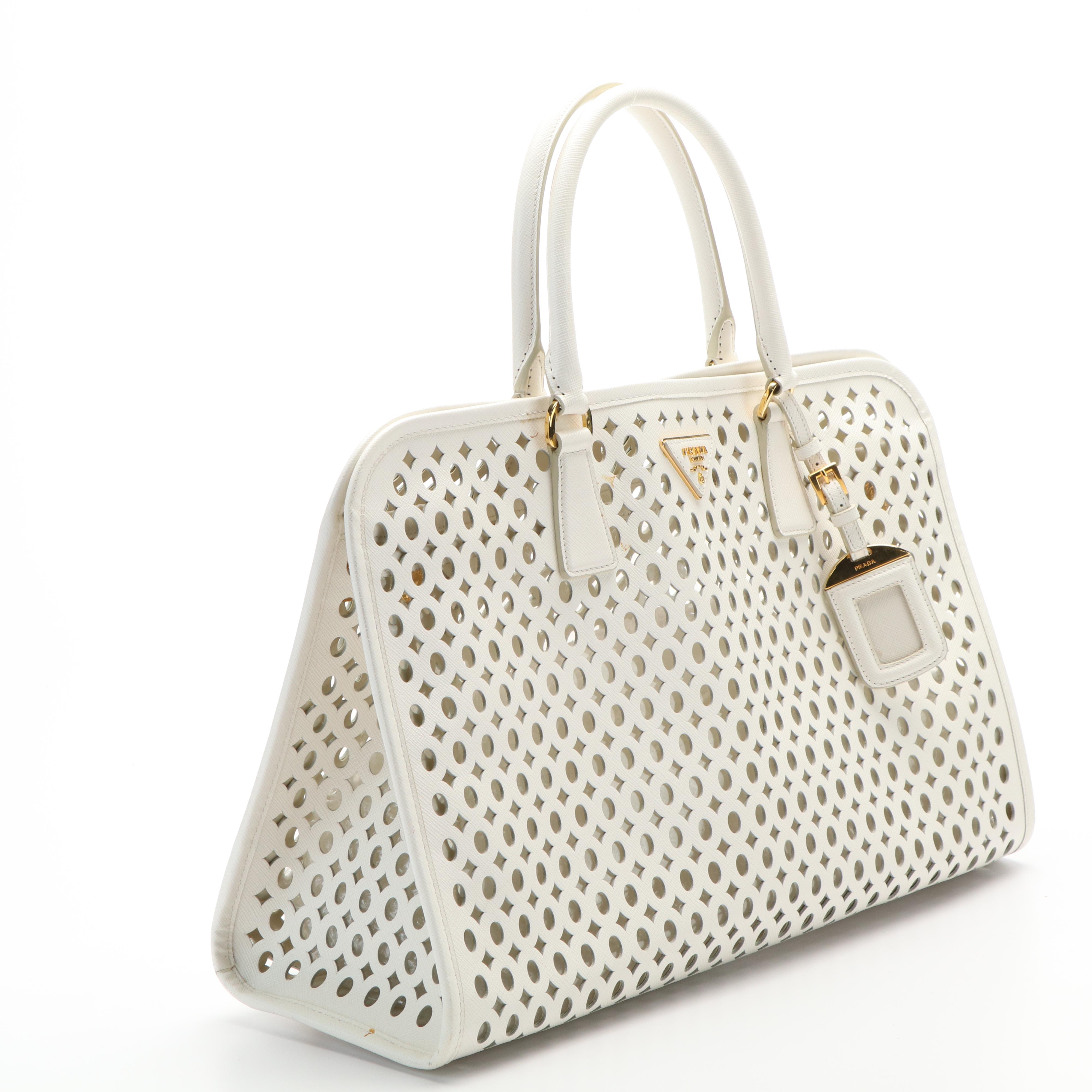 Prada Vernice Perforated Saffiano Leather Top Handle Bag with Model "Duck"
